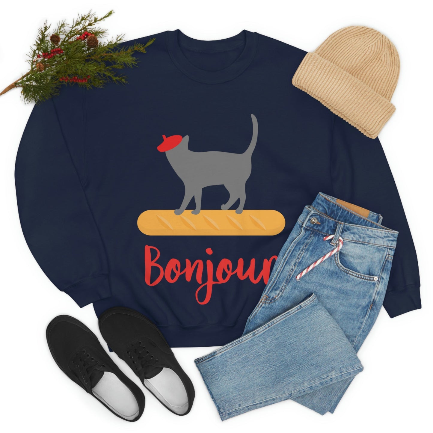 French Style Bread Black Cat Bonjour Unisex Heavy Blend™ Crewneck Sweatshirt Ichaku [Perfect Gifts Selection]