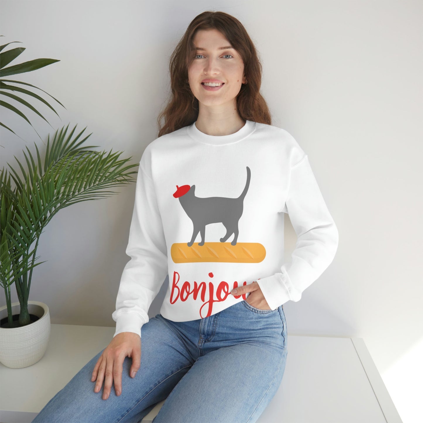 French Style Bread Black Cat Bonjour Unisex Heavy Blend™ Crewneck Sweatshirt Ichaku [Perfect Gifts Selection]