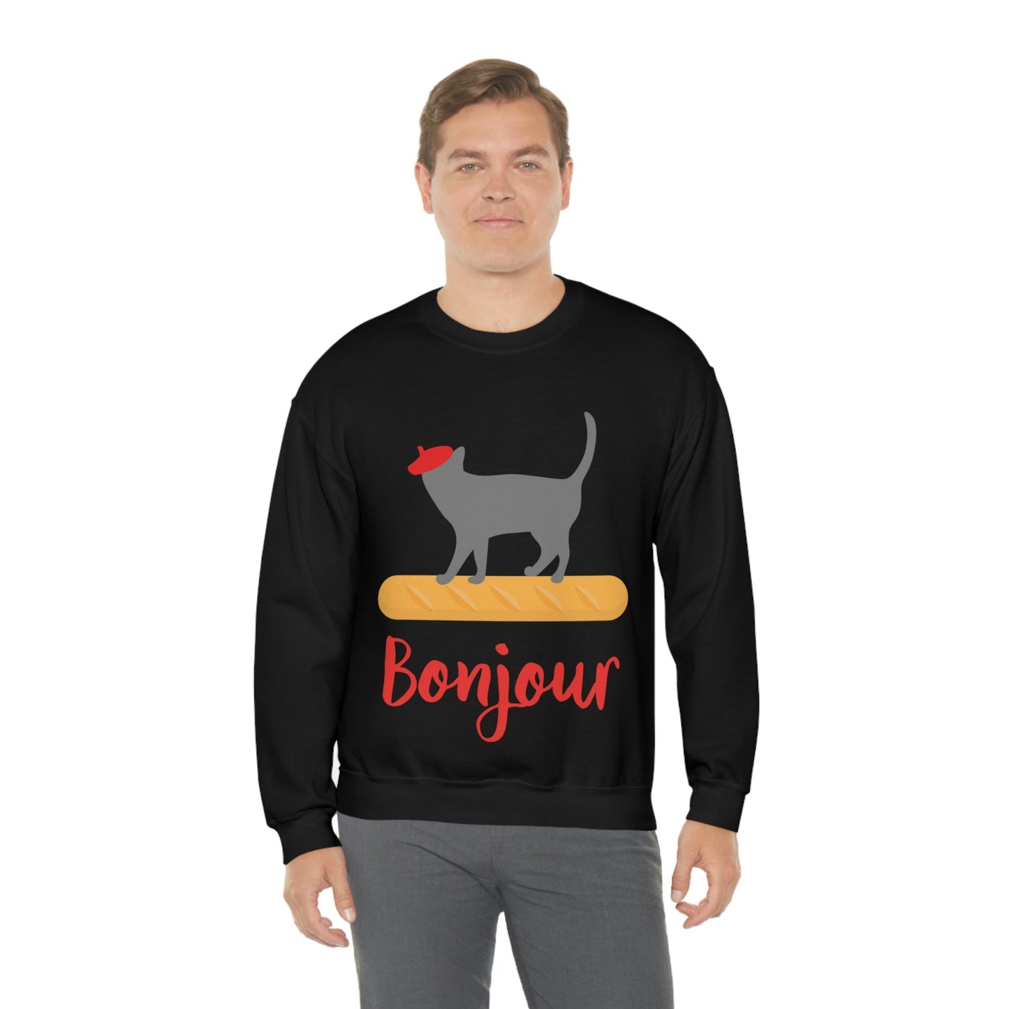 French Style Bread Black Cat Bonjour Unisex Heavy Blend™ Crewneck Sweatshirt Ichaku [Perfect Gifts Selection]