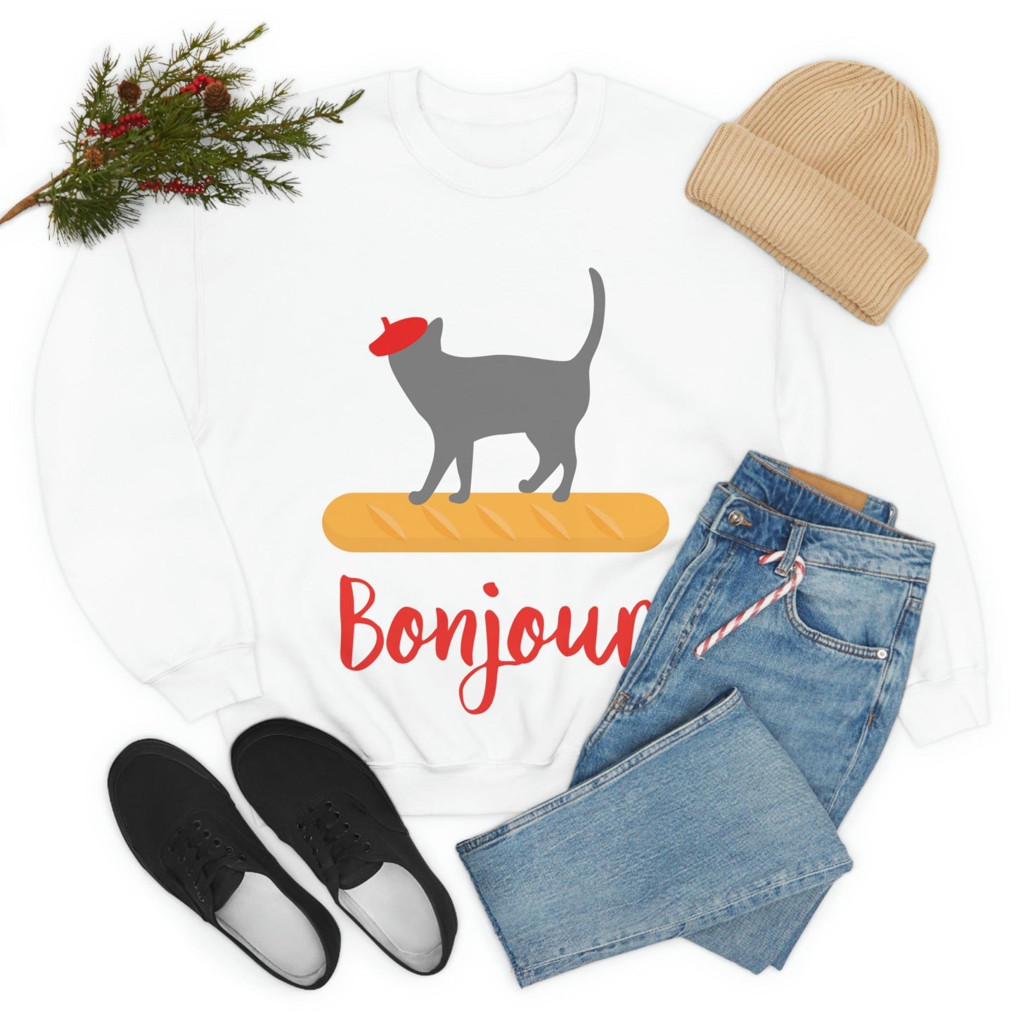 French Style Bread Black Cat Bonjour Unisex Heavy Blend™ Crewneck Sweatshirt Ichaku [Perfect Gifts Selection]