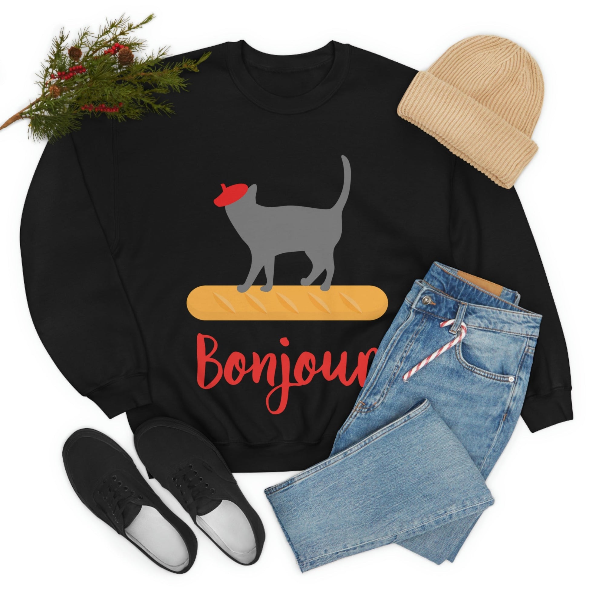 French Style Bread Black Cat Bonjour Unisex Heavy Blend™ Crewneck Sweatshirt Ichaku [Perfect Gifts Selection]