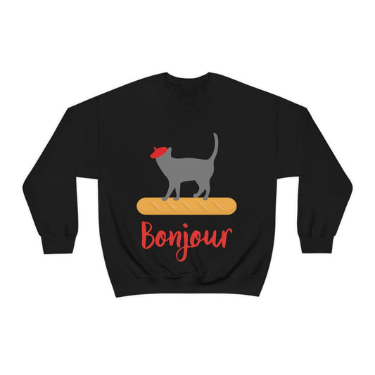 French Style Bread Black Cat Bonjour Unisex Heavy Blend™ Crewneck Sweatshirt Ichaku [Perfect Gifts Selection]