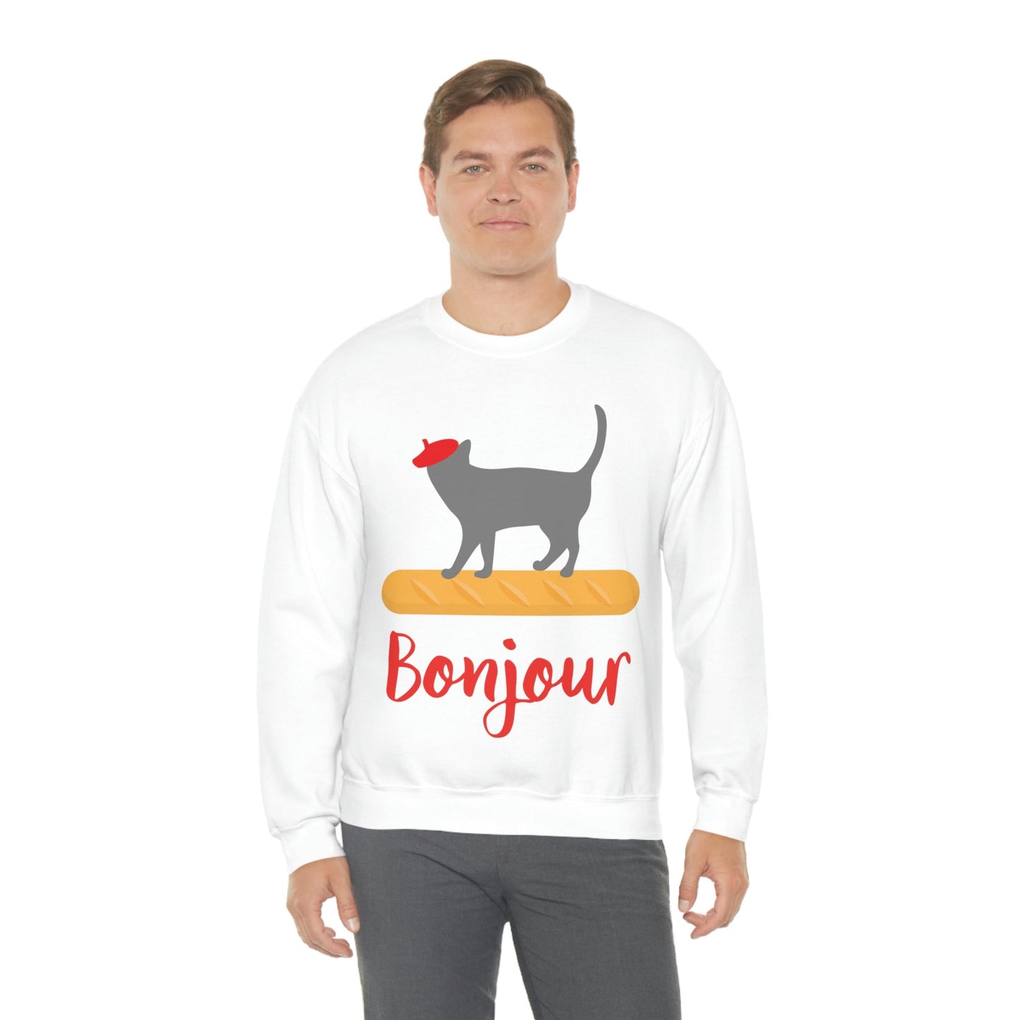 French Style Bread Black Cat Bonjour Unisex Heavy Blend™ Crewneck Sweatshirt Ichaku [Perfect Gifts Selection]