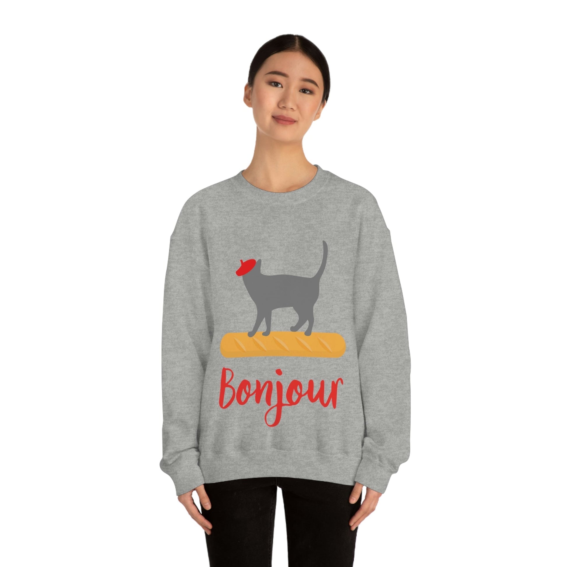 French Style Bread Black Cat Bonjour Unisex Heavy Blend™ Crewneck Sweatshirt Ichaku [Perfect Gifts Selection]