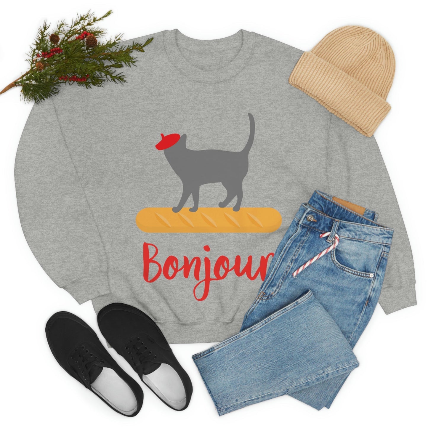 French Style Bread Black Cat Bonjour Unisex Heavy Blend™ Crewneck Sweatshirt Ichaku [Perfect Gifts Selection]