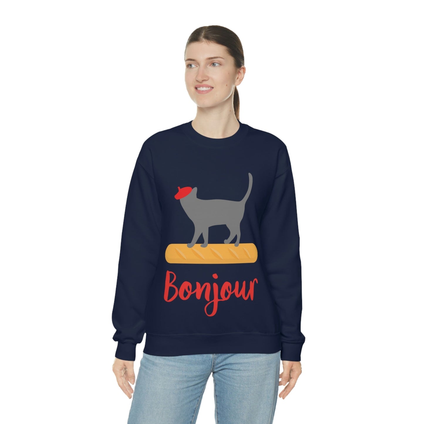 French Style Bread Black Cat Bonjour Unisex Heavy Blend™ Crewneck Sweatshirt Ichaku [Perfect Gifts Selection]