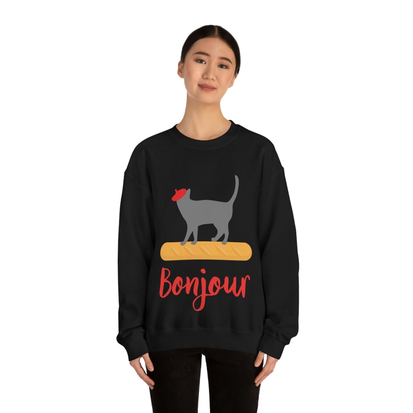 French Style Bread Black Cat Bonjour Unisex Heavy Blend™ Crewneck Sweatshirt Ichaku [Perfect Gifts Selection]