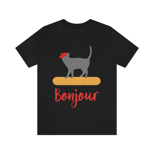 French Style Bread Grey Cat Bonjour Unisex Jersey Short Sleeve T-Shirt Ichaku [Perfect Gifts Selection]