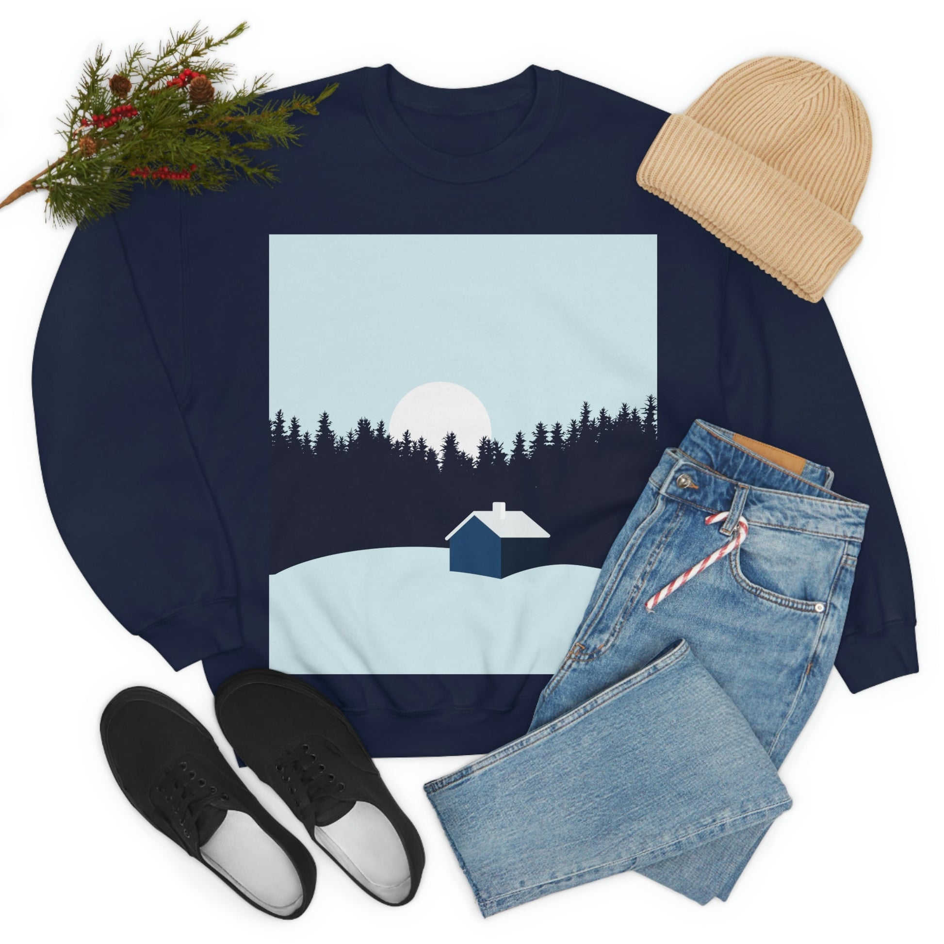 Frosty Morning Forest Minimal Art Unisex Heavy Blend™ Crewneck Sweatshirt Ichaku [Perfect Gifts Selection]