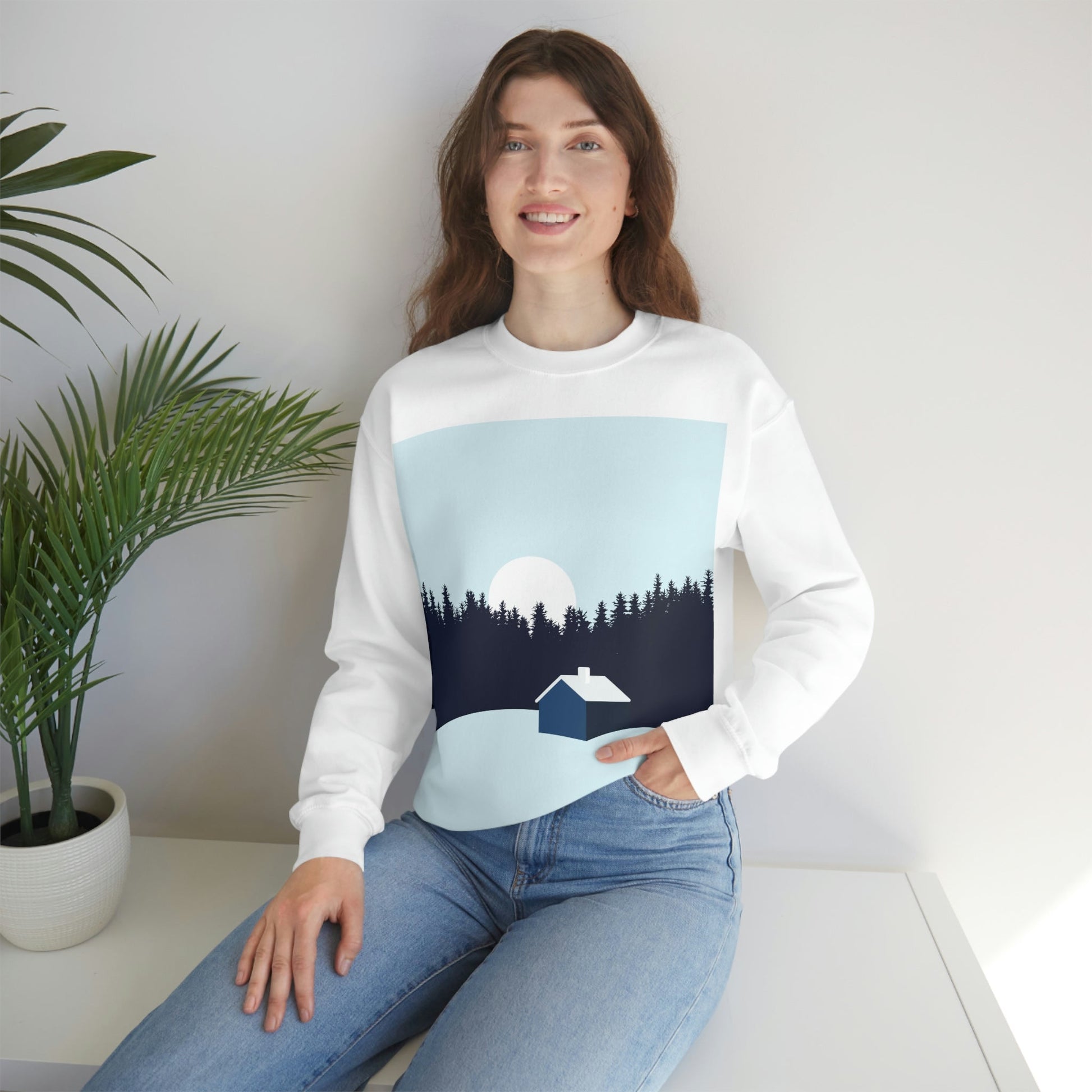 Frosty Morning Forest Minimal Art Unisex Heavy Blend™ Crewneck Sweatshirt Ichaku [Perfect Gifts Selection]