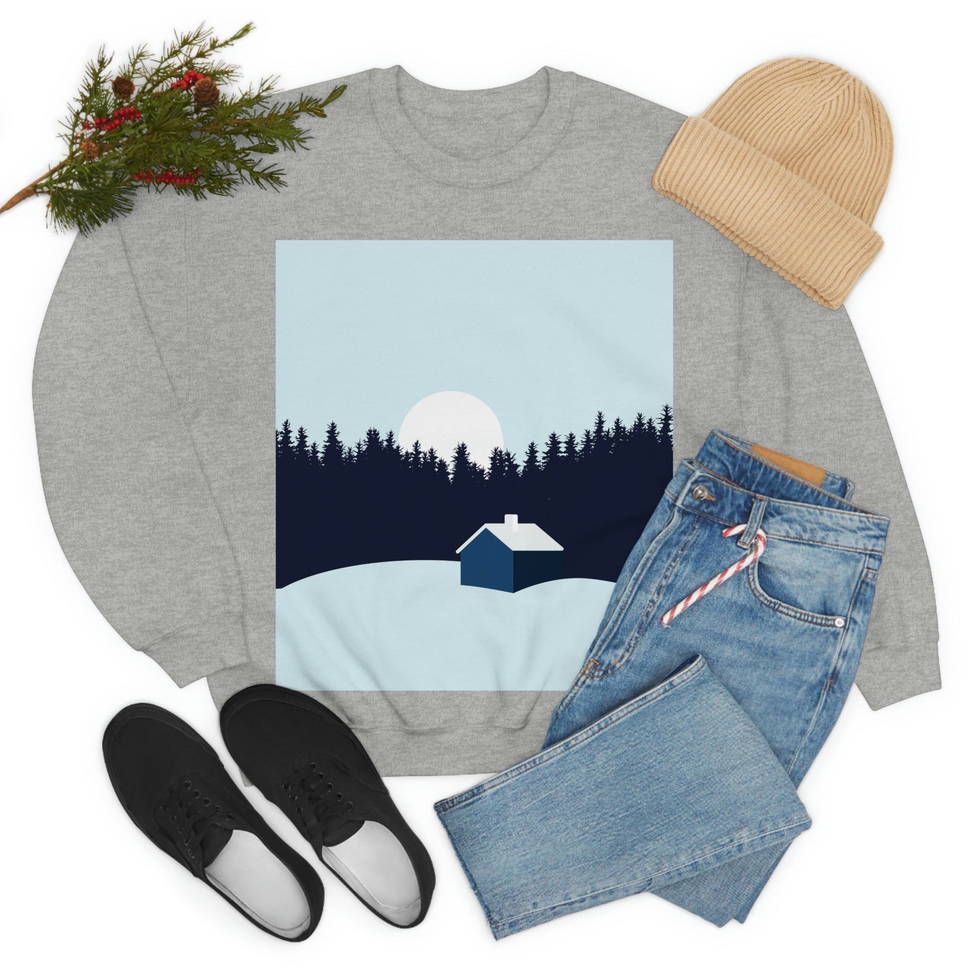 Frosty Morning Forest Minimal Art Unisex Heavy Blend™ Crewneck Sweatshirt Ichaku [Perfect Gifts Selection]