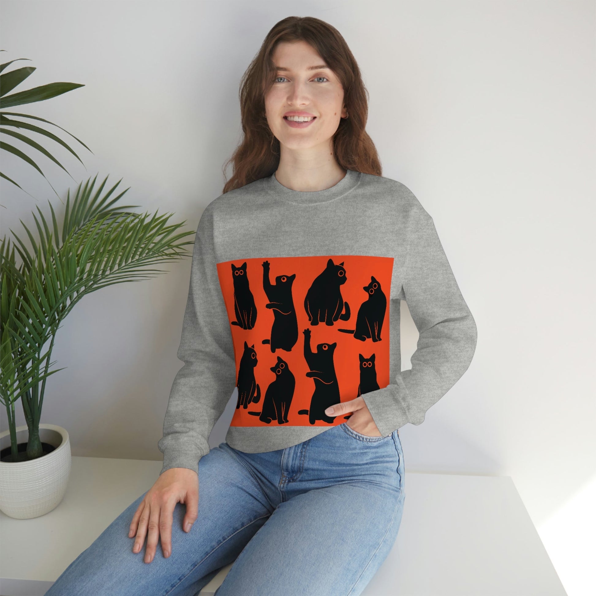 Funny Black Cats Watching Pattern  Unisex Heavy Blend™ Crewneck Sweatshirt Ichaku [Perfect Gifts Selection]