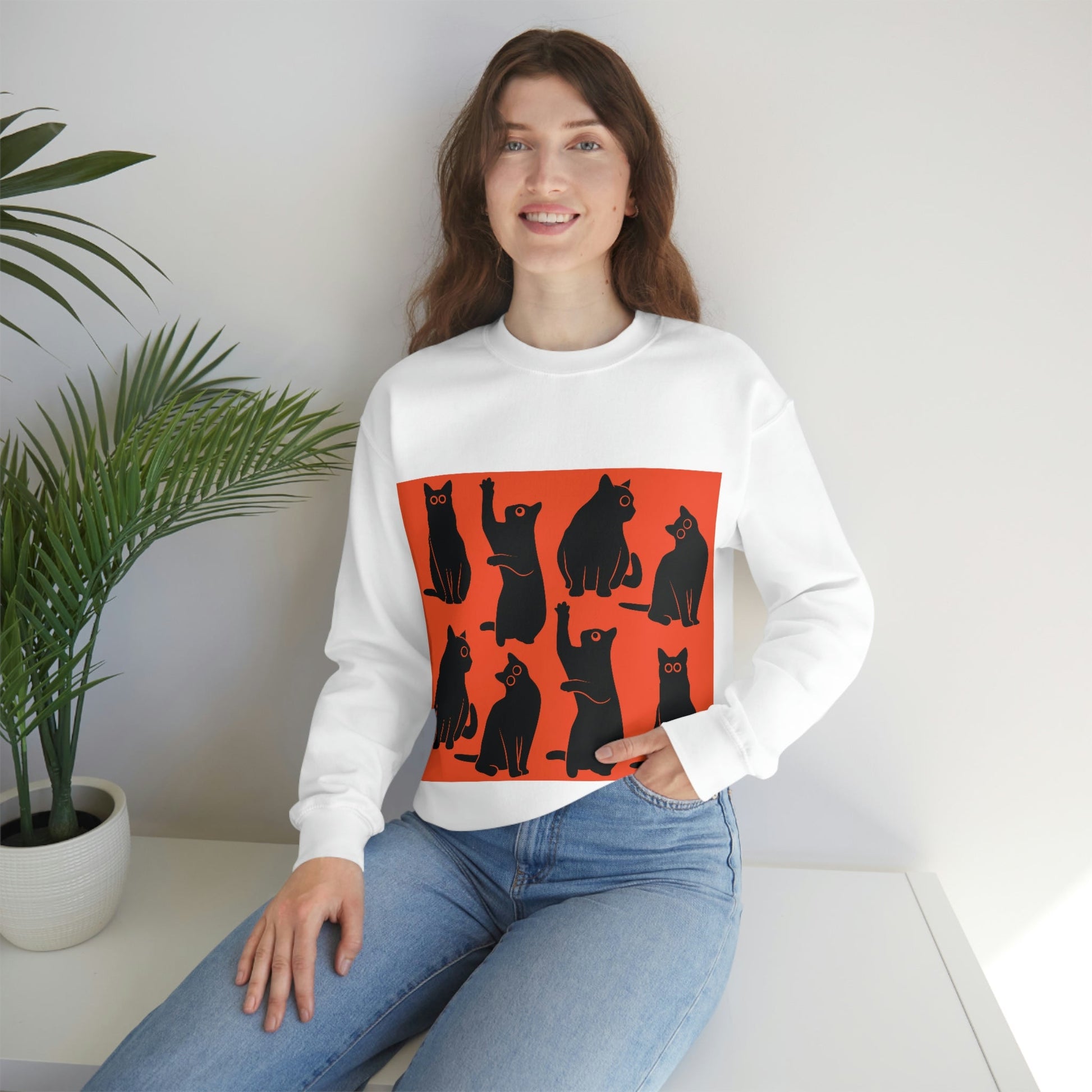 Funny Black Cats Watching Pattern  Unisex Heavy Blend™ Crewneck Sweatshirt Ichaku [Perfect Gifts Selection]