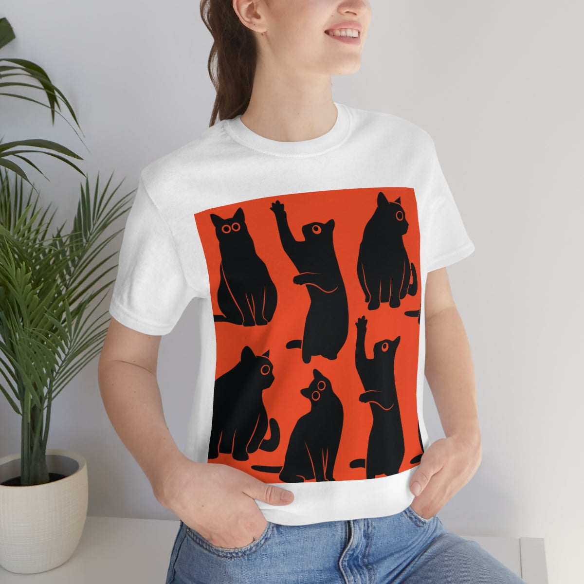 Funny Black Cats Watching Pattern Unisex Jersey Short Sleeve T-Shirt Ichaku [Perfect Gifts Selection]