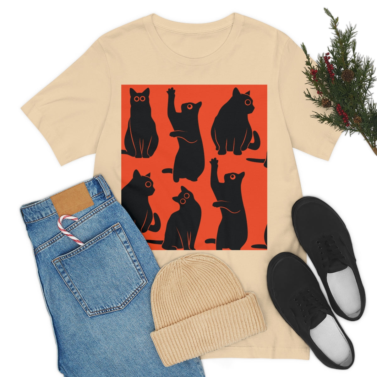 Funny Black Cats Watching Pattern Unisex Jersey Short Sleeve T-Shirt Ichaku [Perfect Gifts Selection]