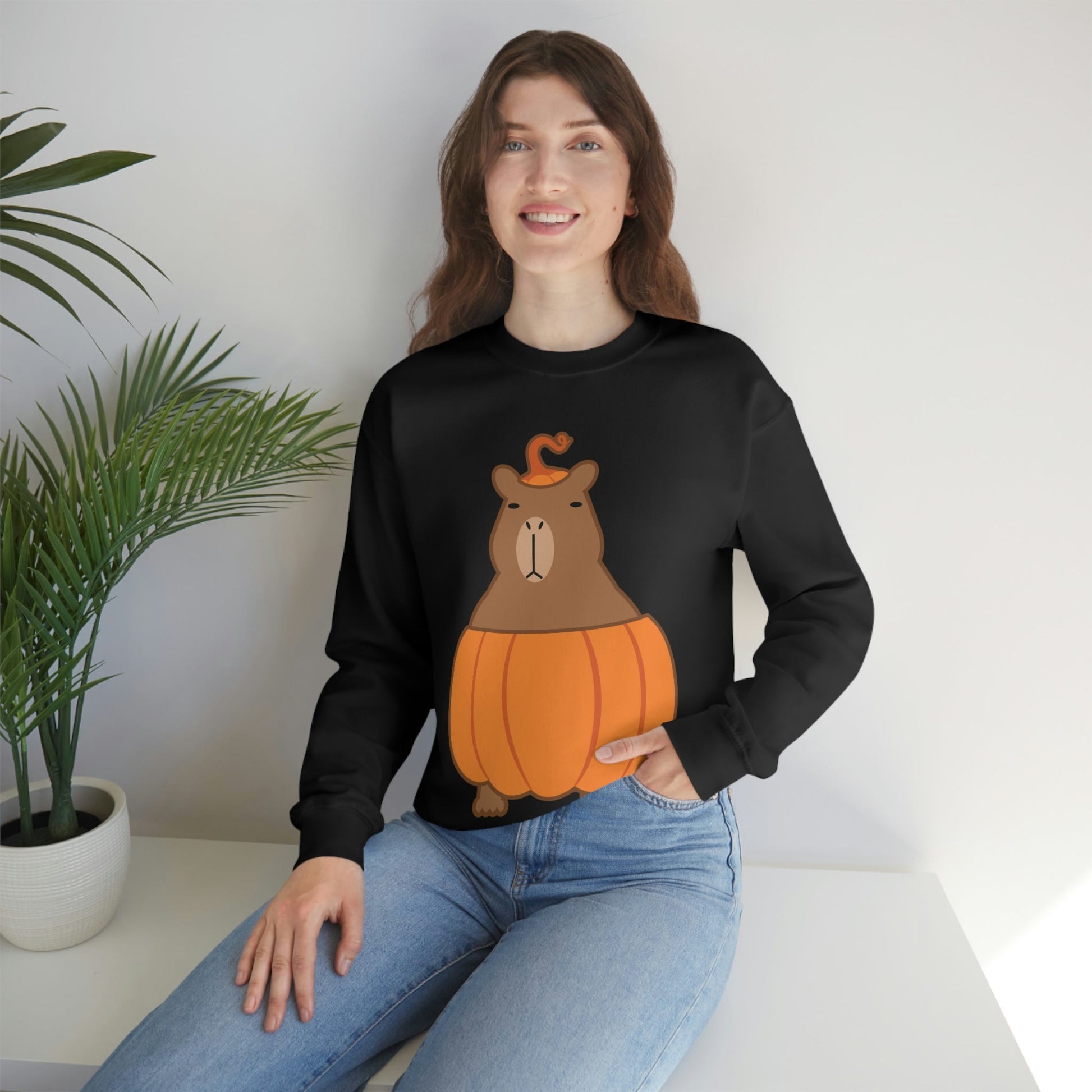 Halloween Capybara Cute October Pumpkin Art Unisex Heavy Blend™ Crewneck Sweatshirt Ichaku [Perfect Gifts Selection]