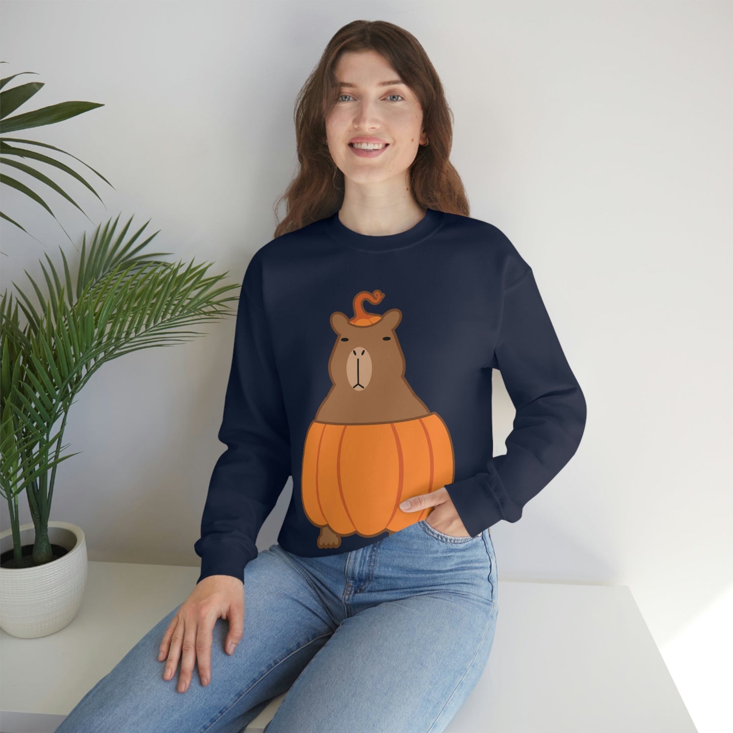 Halloween Capybara Cute October Pumpkin Art Unisex Heavy Blend™ Crewneck Sweatshirt Ichaku [Perfect Gifts Selection]