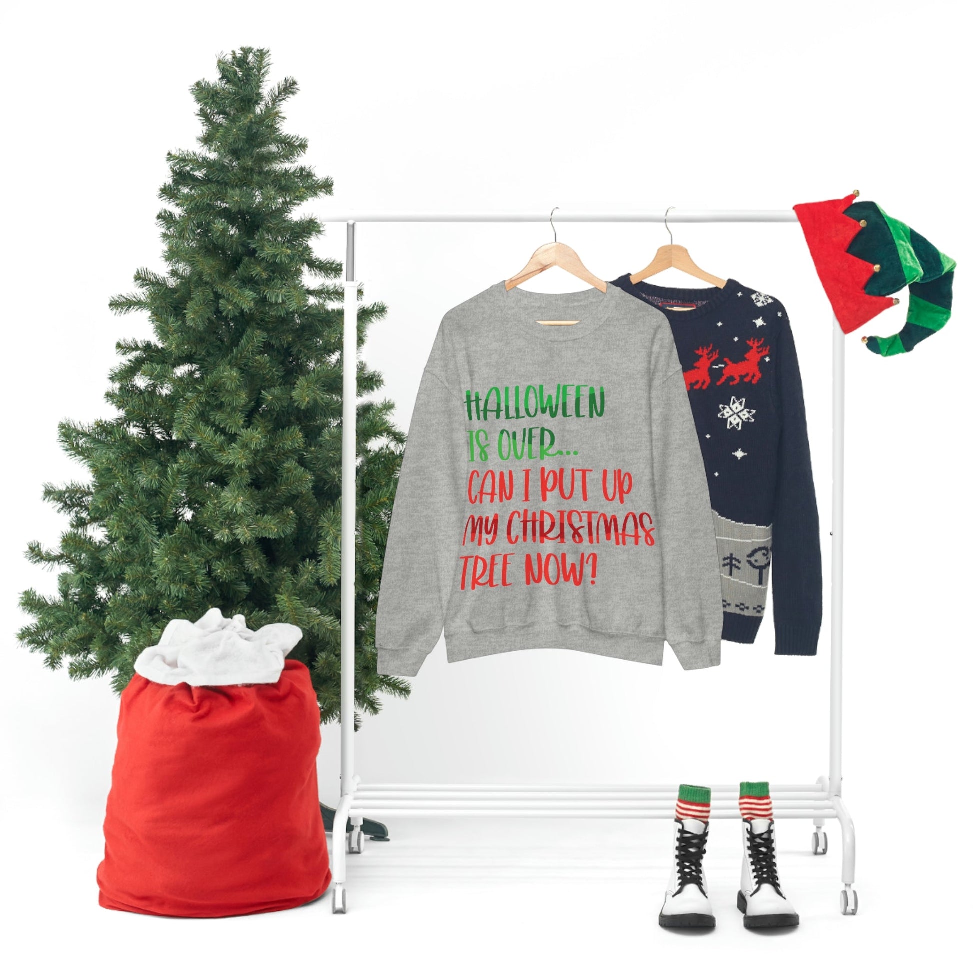 Halloween is over... Can i put up my christmas tree now ? Typography Funny Quotes Sarcasm Unisex Heavy Blend™ Crewneck Sweatshirt Ichaku [Perfect Gifts Selection]