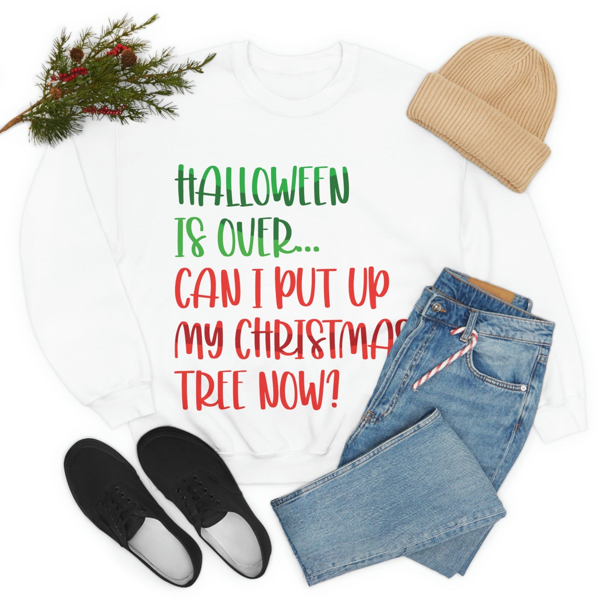 Halloween is over... Can i put up my christmas tree now ? Typography Funny Quotes Sarcasm Unisex Heavy Blend™ Crewneck Sweatshirt Ichaku [Perfect Gifts Selection]