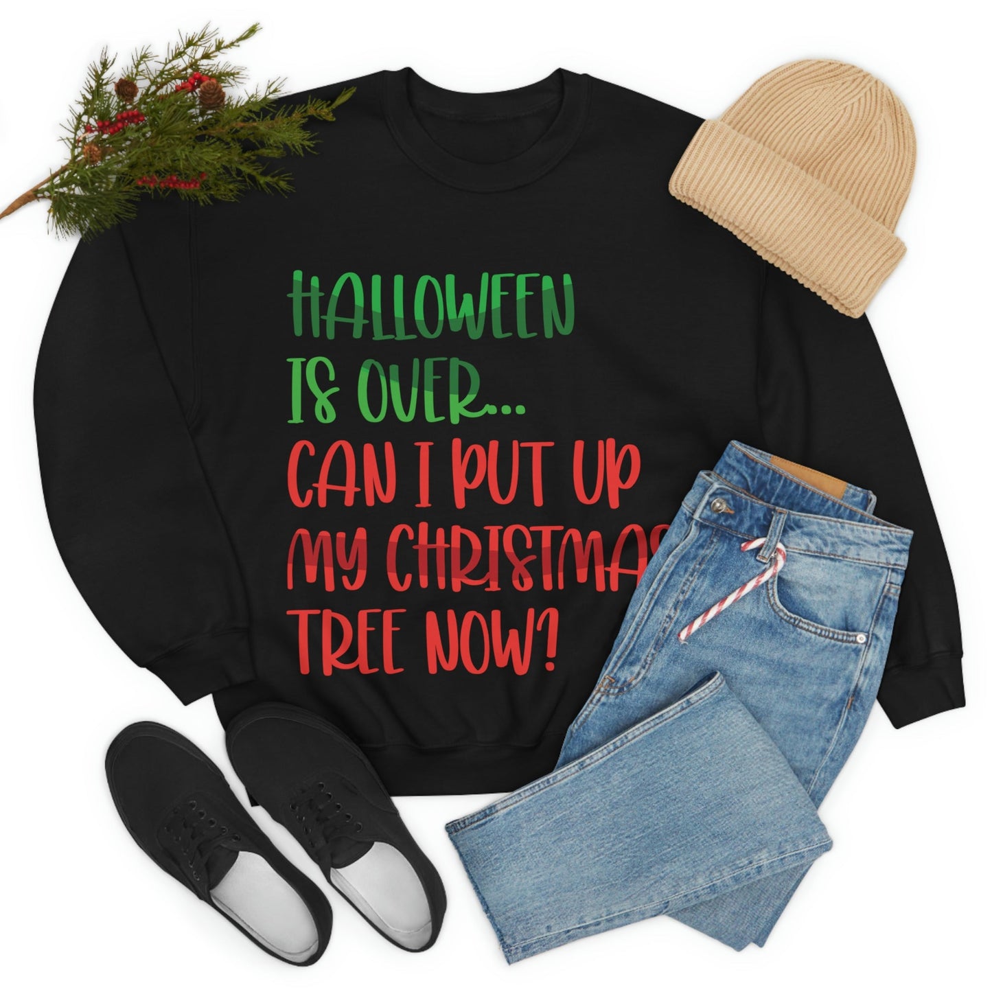 Halloween is over... Can i put up my christmas tree now ? Typography Funny Quotes Sarcasm Unisex Heavy Blend™ Crewneck Sweatshirt Ichaku [Perfect Gifts Selection]