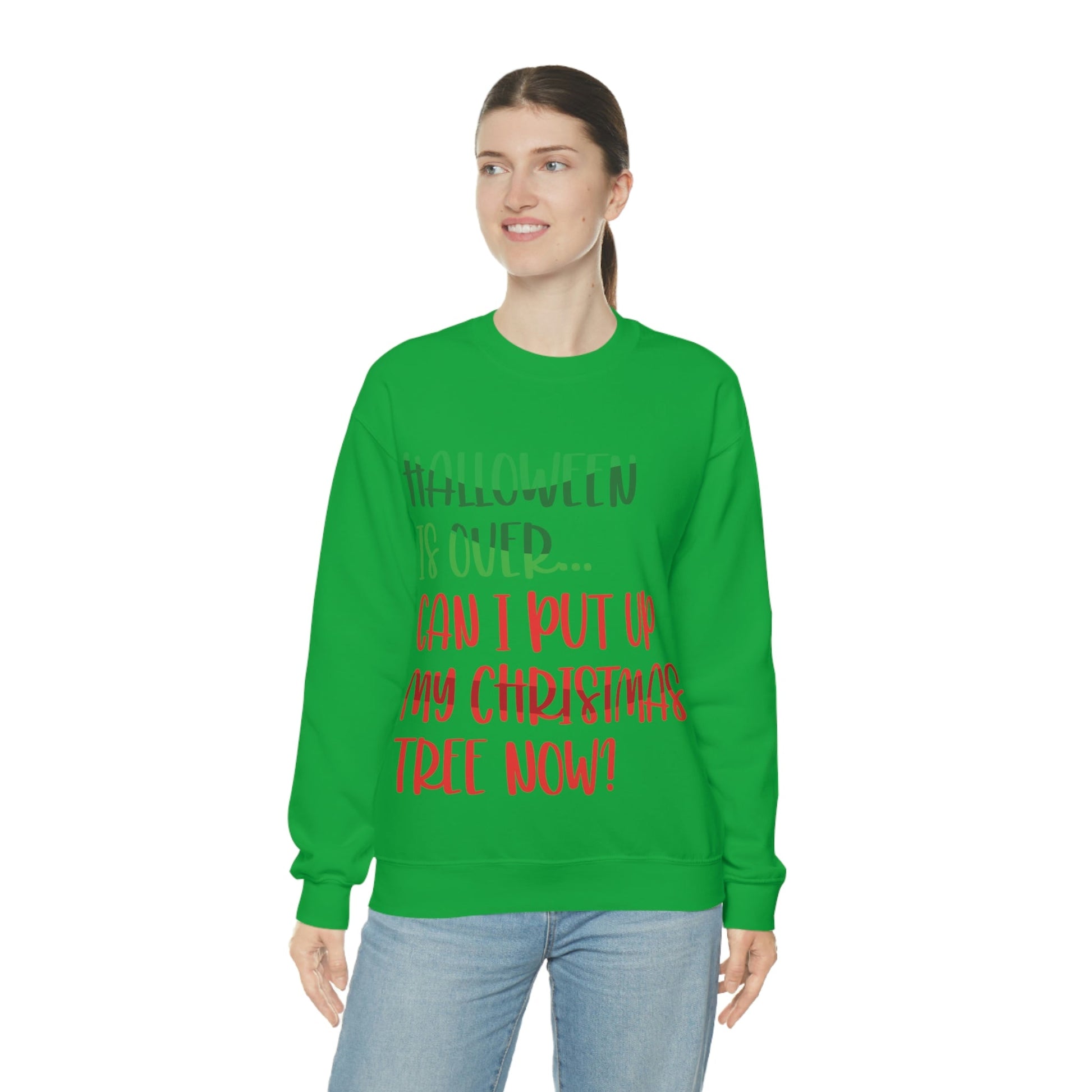 Halloween is over... Can i put up my christmas tree now ? Typography Funny Quotes Sarcasm Unisex Heavy Blend™ Crewneck Sweatshirt Ichaku [Perfect Gifts Selection]