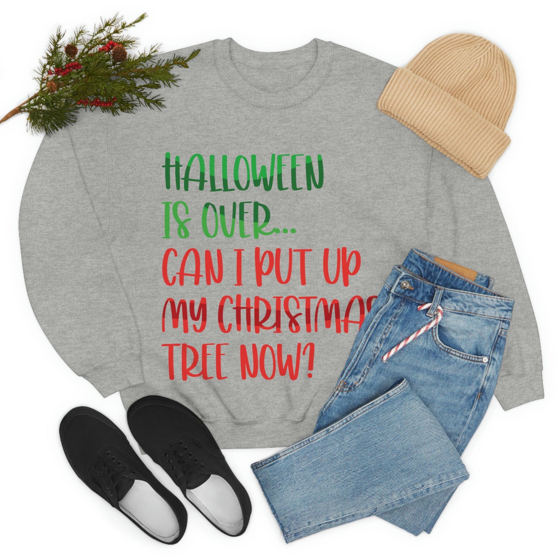 Halloween is over... Can i put up my christmas tree now ? Typography Funny Quotes Sarcasm Unisex Heavy Blend™ Crewneck Sweatshirt Ichaku [Perfect Gifts Selection]