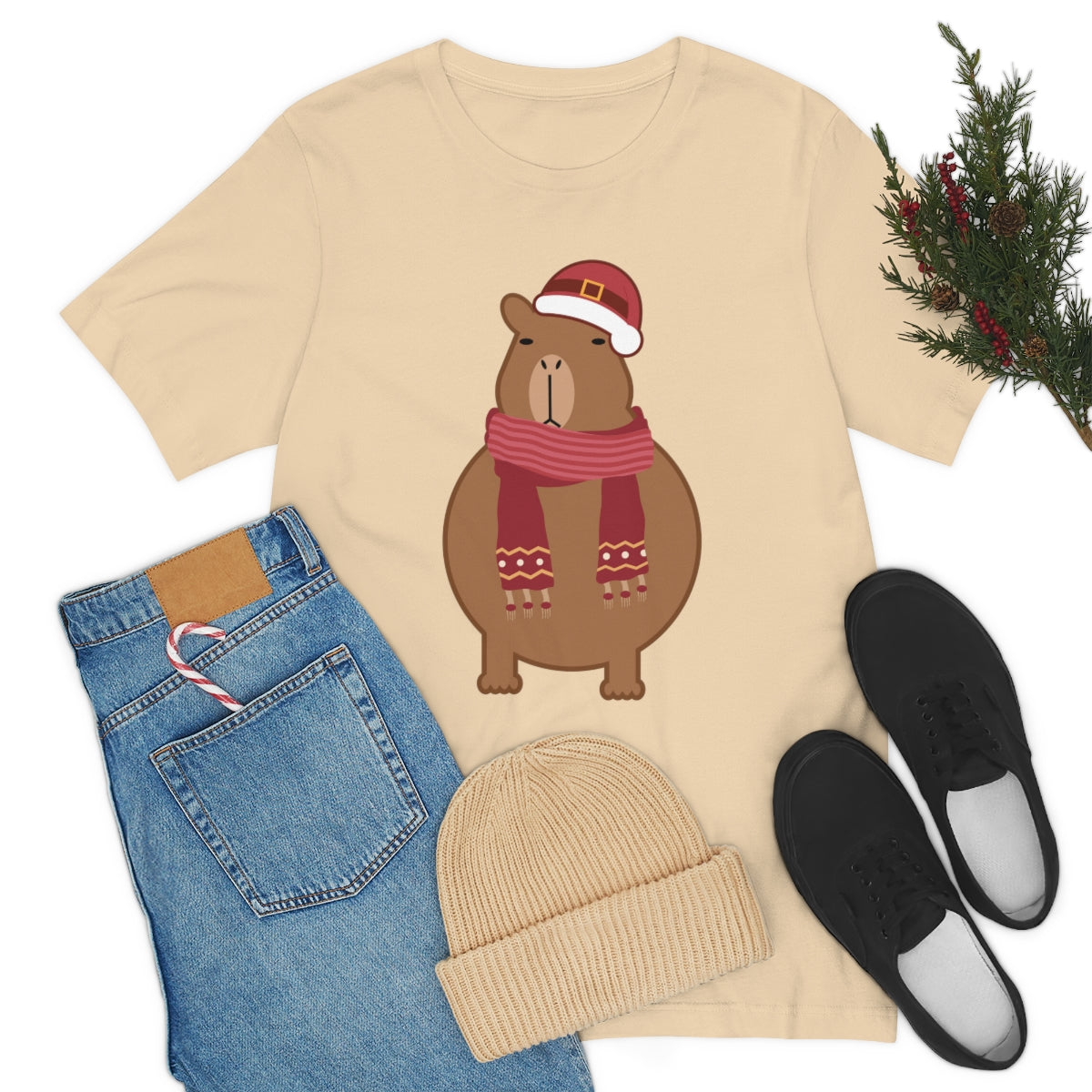 Happy Christmas Merry Xmas Capybara New Year Unisex Jersey Short Sleeve T-Shirt Ichaku [Perfect Gifts Selection]