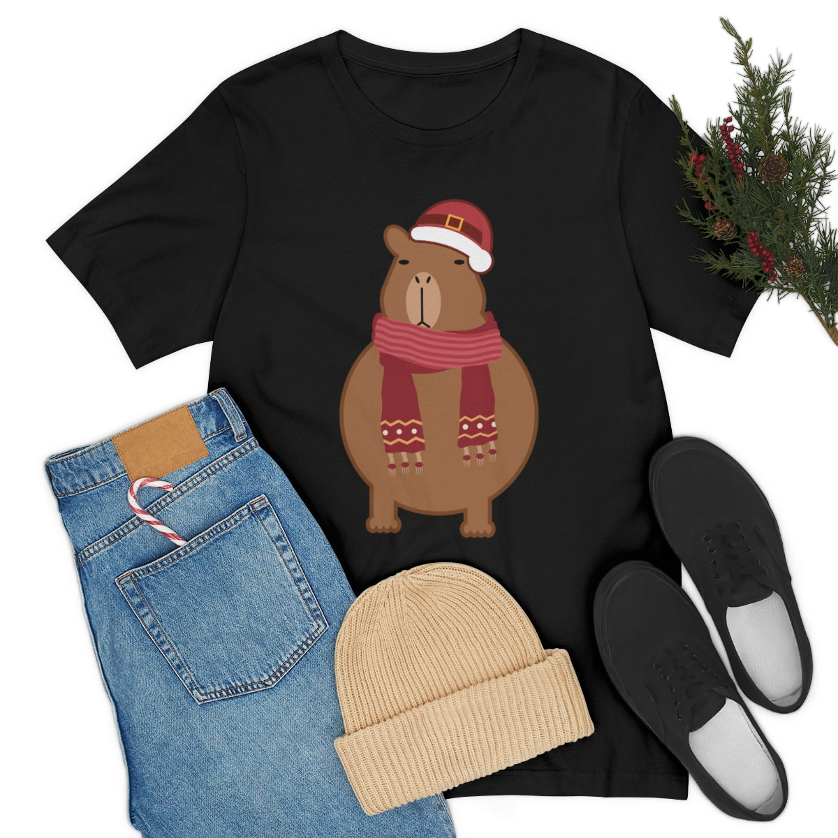 Happy Christmas Merry Xmas Capybara New Year Unisex Jersey Short Sleeve T-Shirt Ichaku [Perfect Gifts Selection]