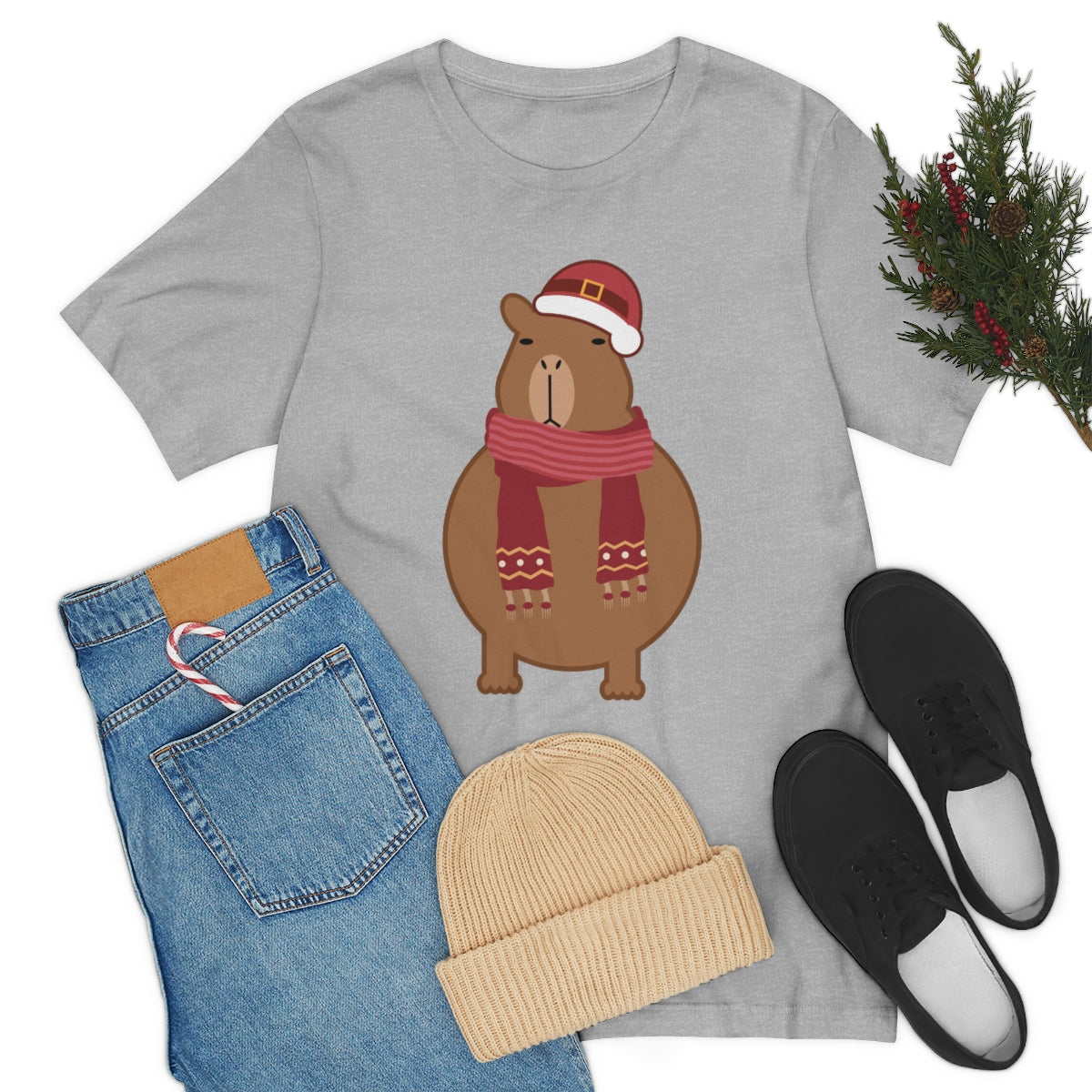 Happy Christmas Merry Xmas Capybara New Year Unisex Jersey Short Sleeve T-Shirt Ichaku [Perfect Gifts Selection]