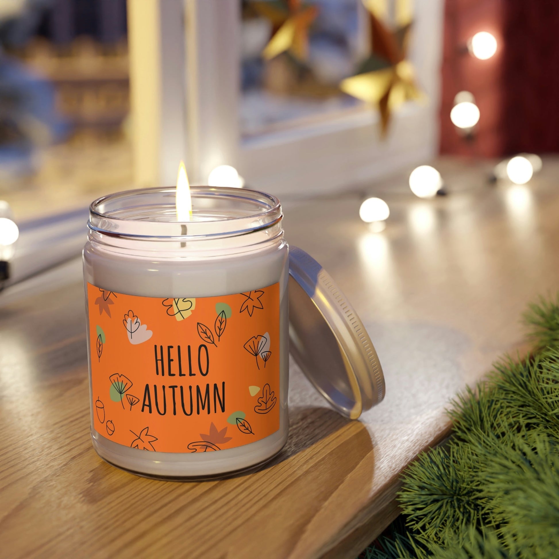 Hello Autumn Minimal Natural Graphic Scented Candle Up to 60h Soy Wax 9oz Ichaku [Perfect Gifts Selection]