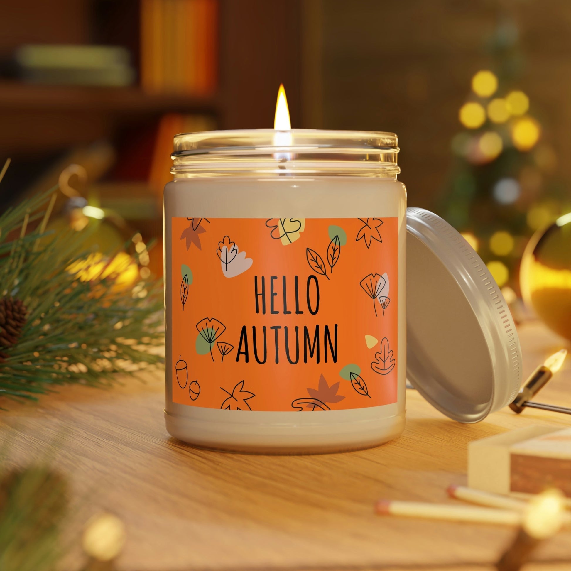 Hello Autumn Minimal Natural Graphic Scented Candle Up to 60h Soy Wax 9oz Ichaku [Perfect Gifts Selection]