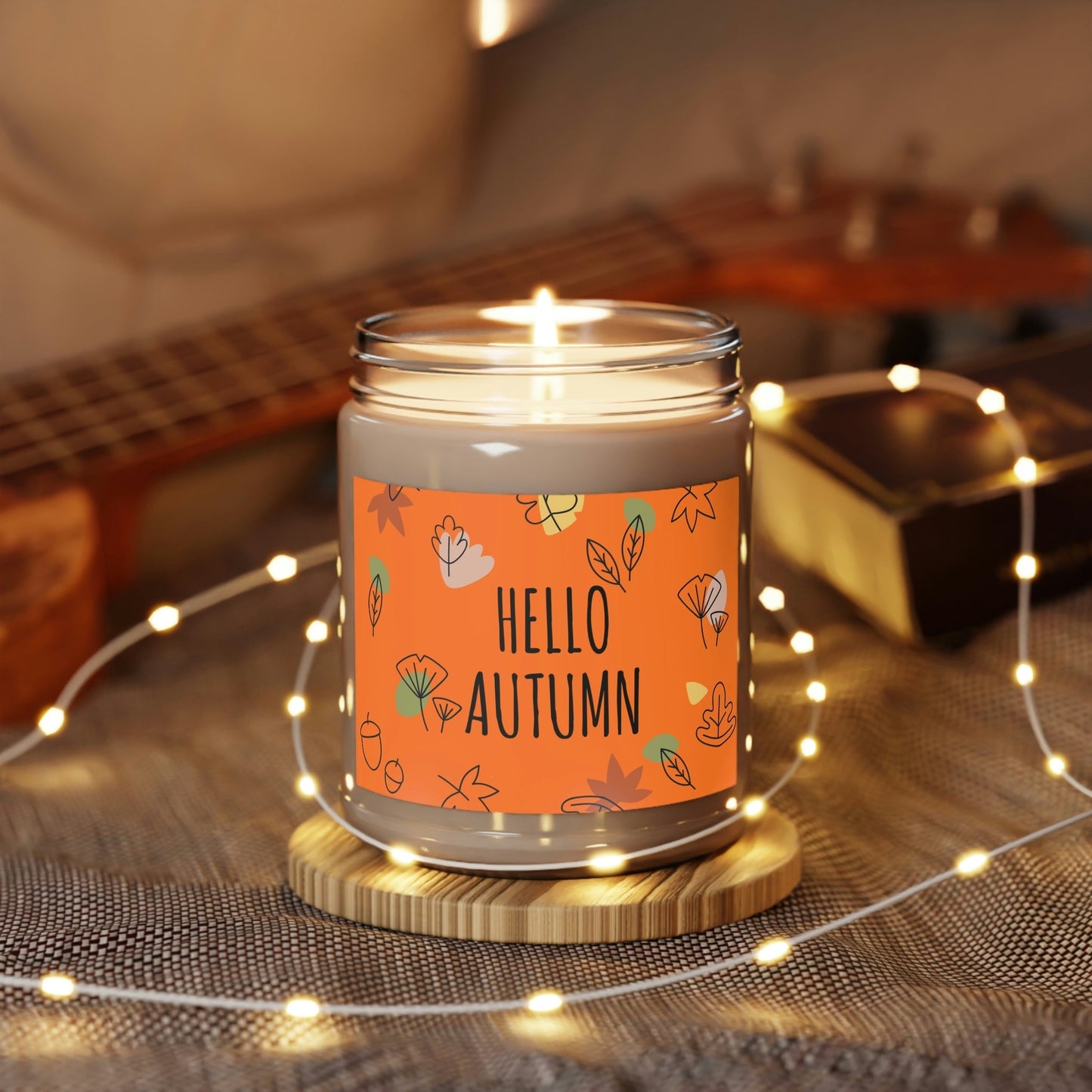 Hello Autumn Minimal Natural Graphic Scented Candle Up to 60h Soy Wax 9oz Ichaku [Perfect Gifts Selection]