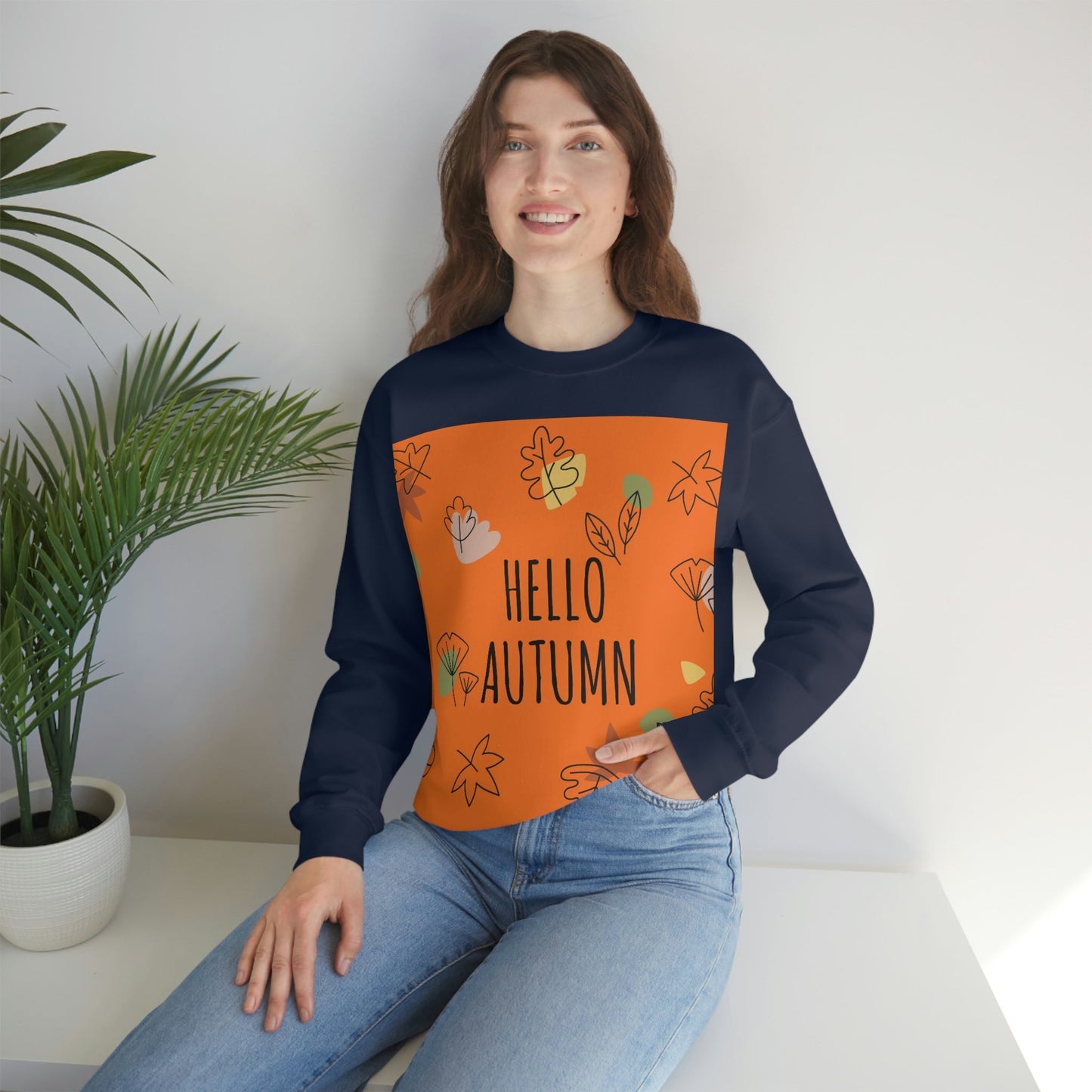 Hello Autumn Minimal Natural Graphic Unisex Heavy Blend™ Crewneck Sweatshirt Ichaku [Perfect Gifts Selection]