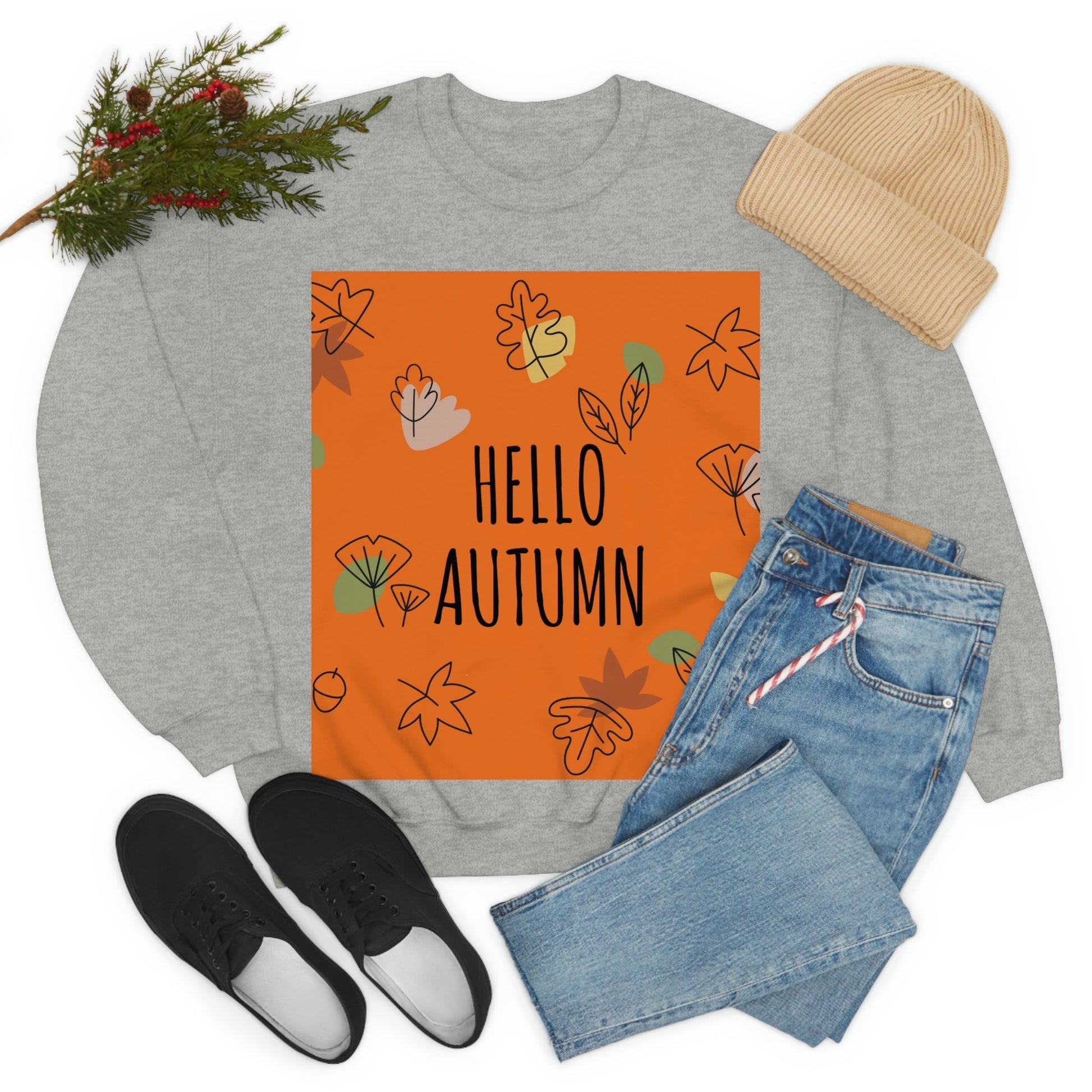 Hello Autumn Minimal Natural Graphic Unisex Heavy Blend™ Crewneck Sweatshirt Ichaku [Perfect Gifts Selection]