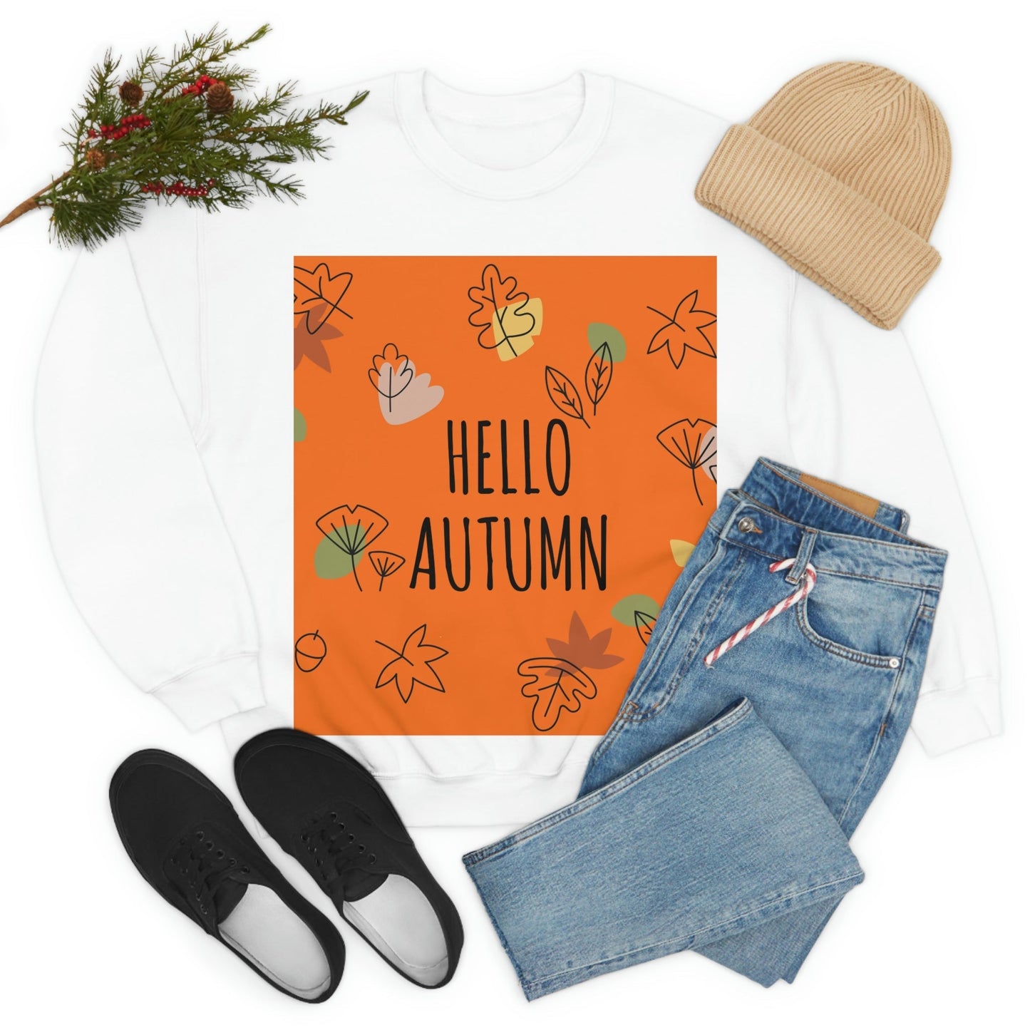 Hello Autumn Minimal Natural Graphic Unisex Heavy Blend™ Crewneck Sweatshirt Ichaku [Perfect Gifts Selection]