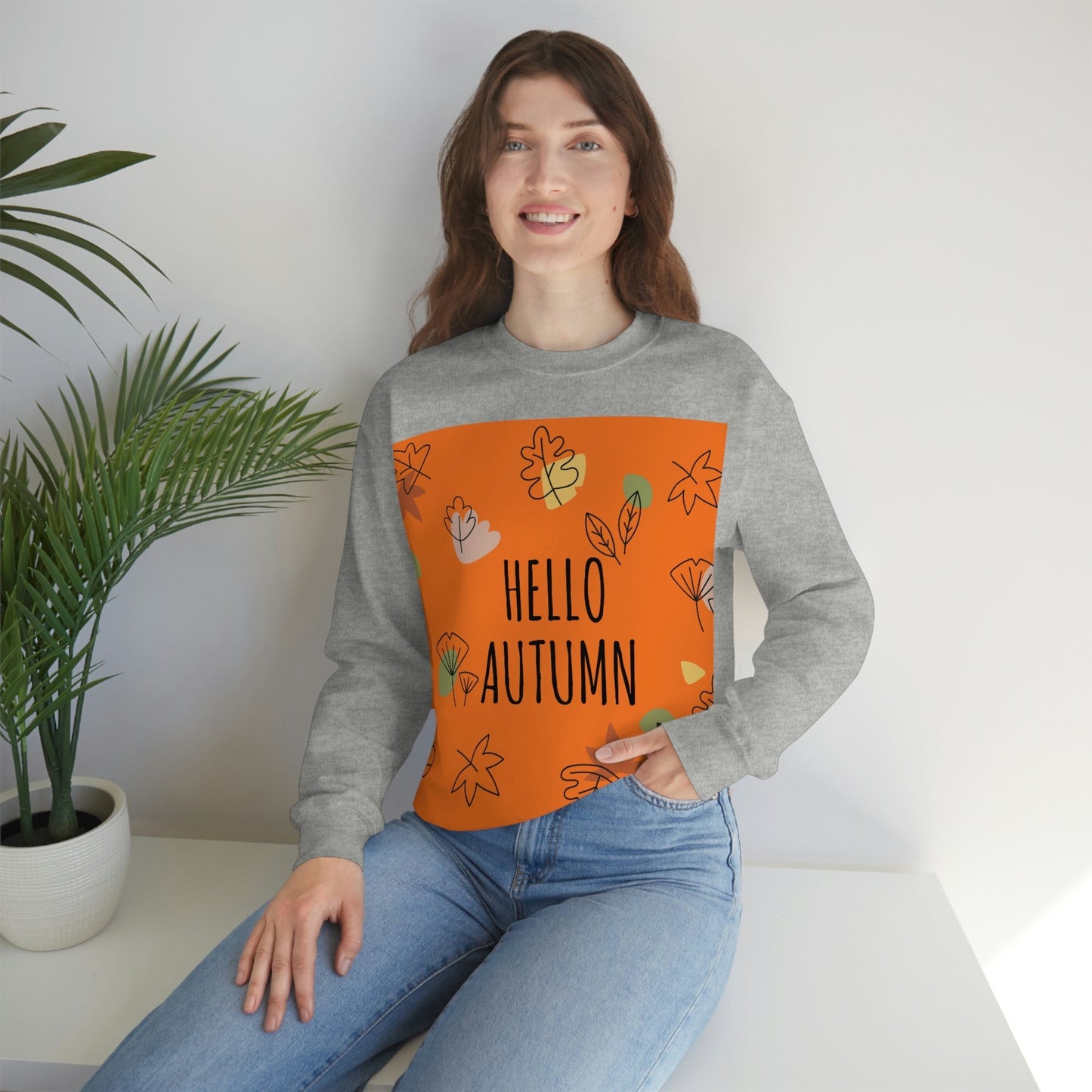 Hello Autumn Minimal Natural Graphic Unisex Heavy Blend™ Crewneck Sweatshirt Ichaku [Perfect Gifts Selection]