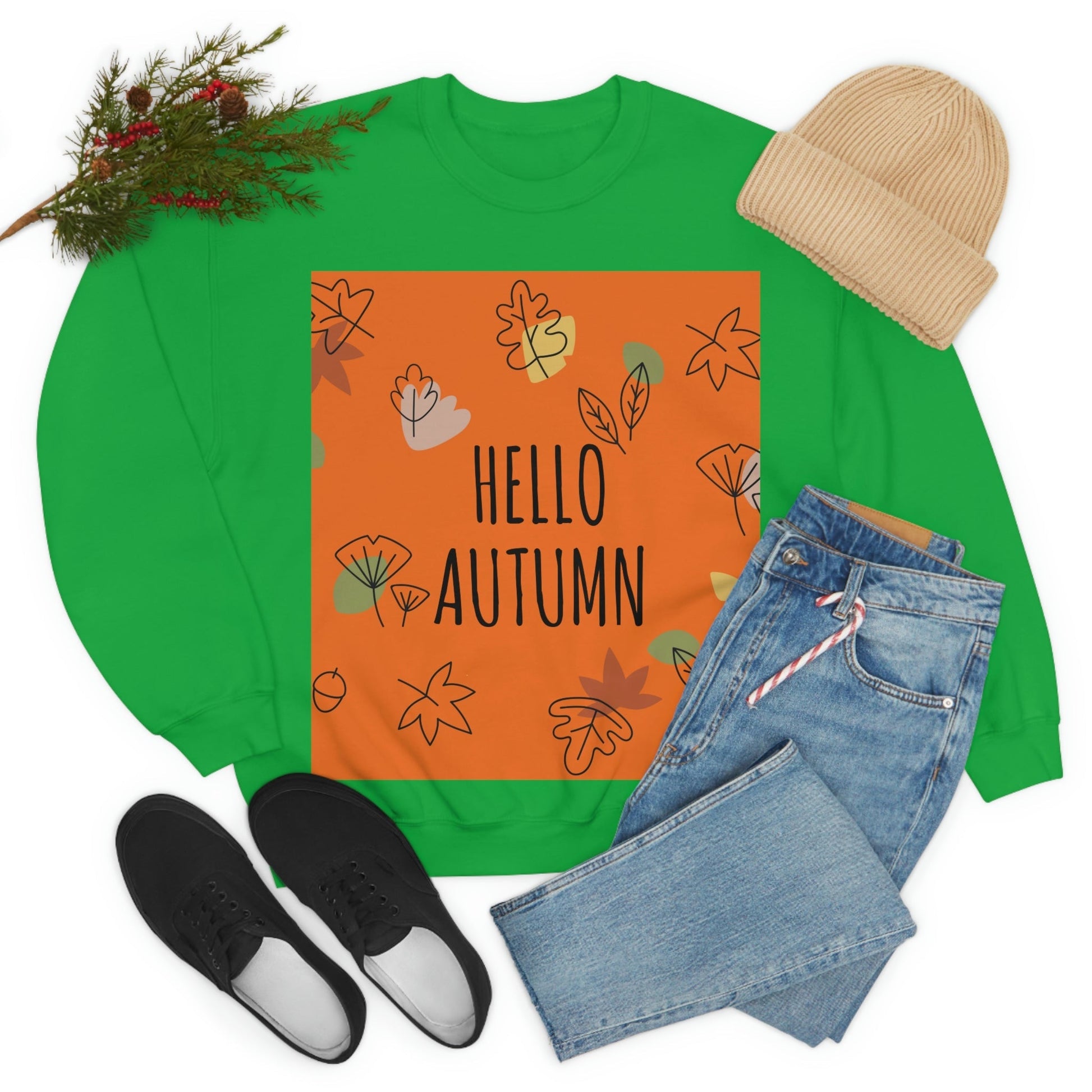 Hello Autumn Minimal Natural Graphic Unisex Heavy Blend™ Crewneck Sweatshirt Ichaku [Perfect Gifts Selection]