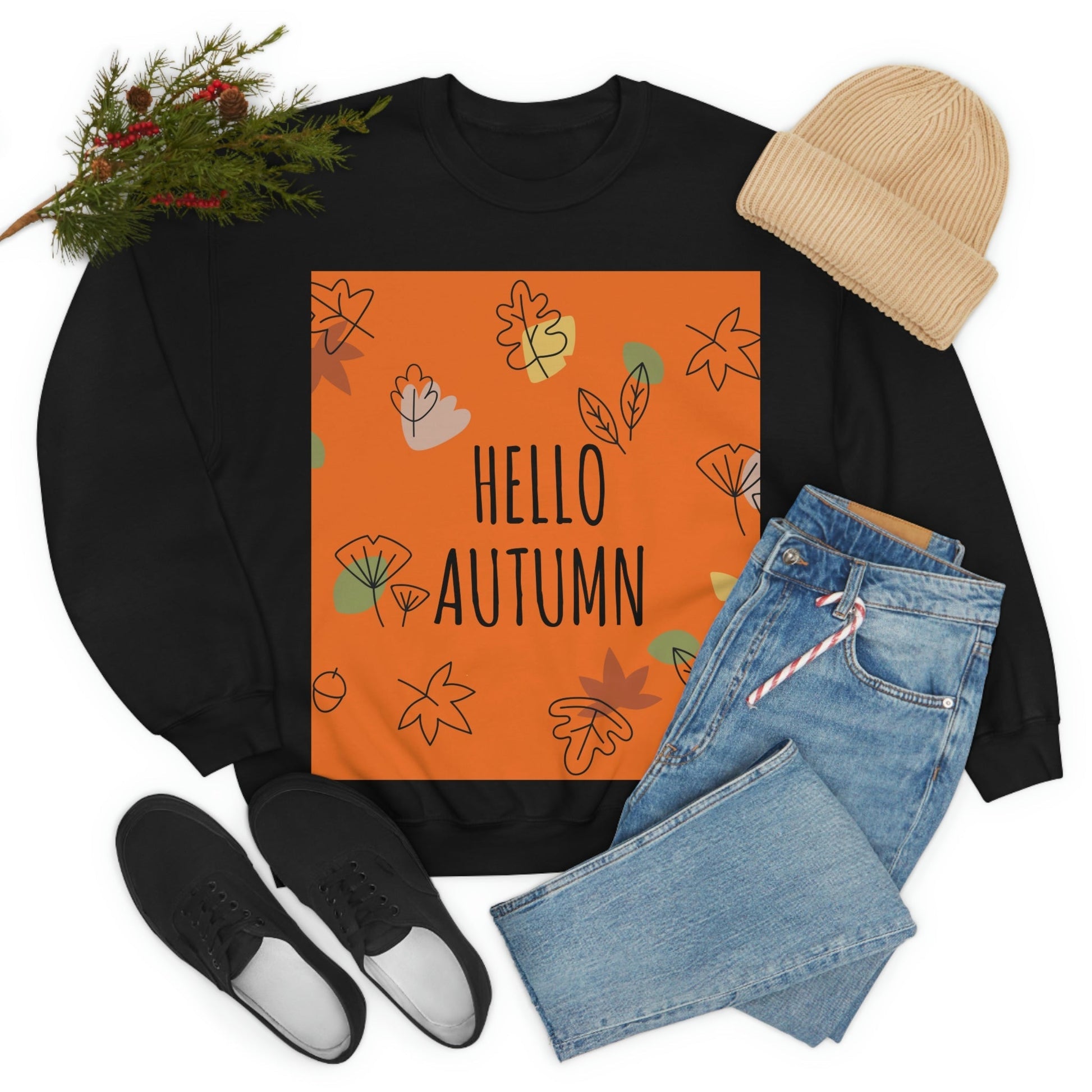 Hello Autumn Minimal Natural Graphic Unisex Heavy Blend™ Crewneck Sweatshirt Ichaku [Perfect Gifts Selection]