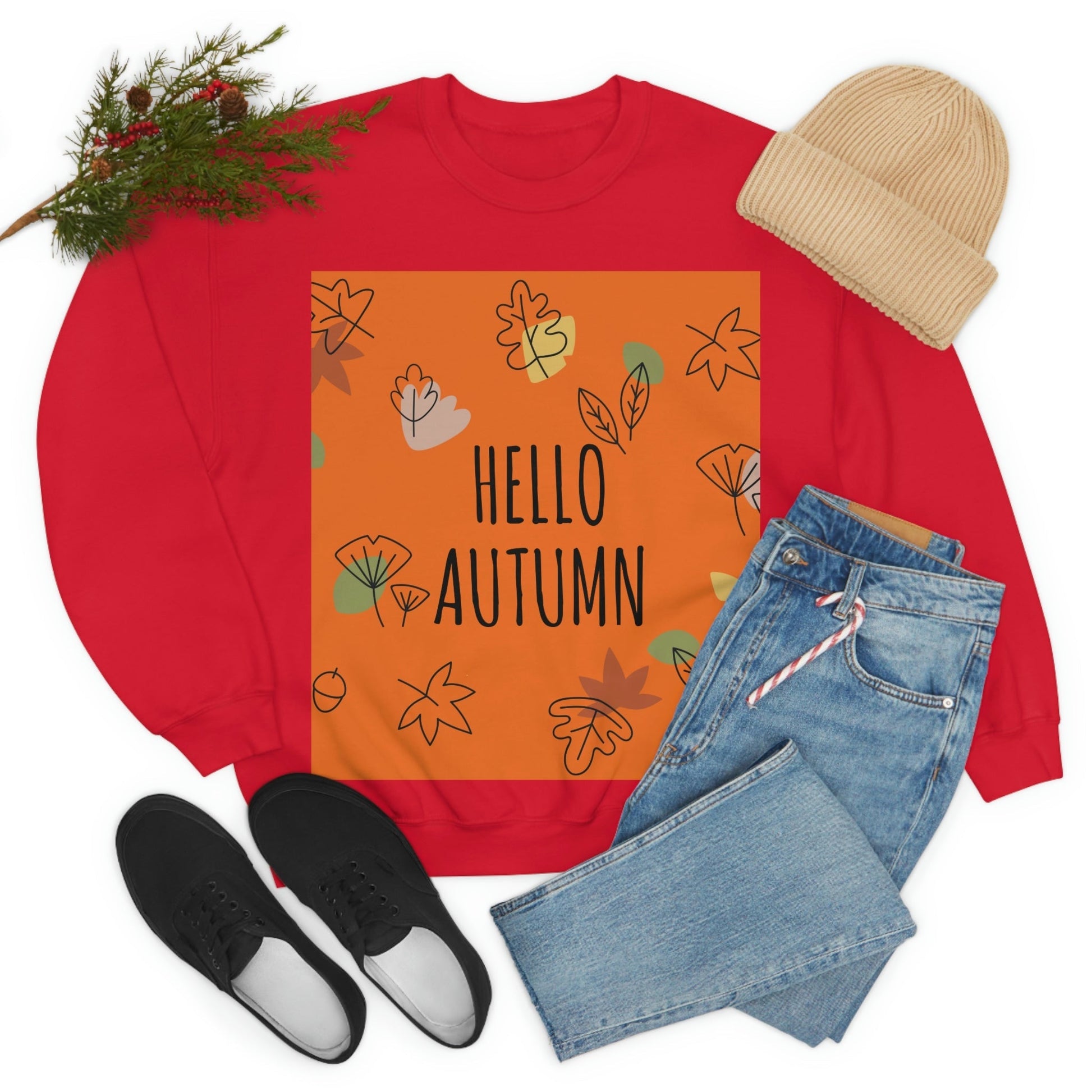 Hello Autumn Minimal Natural Graphic Unisex Heavy Blend™ Crewneck Sweatshirt Ichaku [Perfect Gifts Selection]