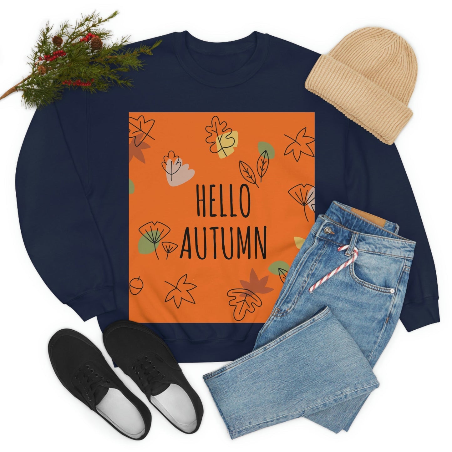 Hello Autumn Minimal Natural Graphic Unisex Heavy Blend™ Crewneck Sweatshirt Ichaku [Perfect Gifts Selection]