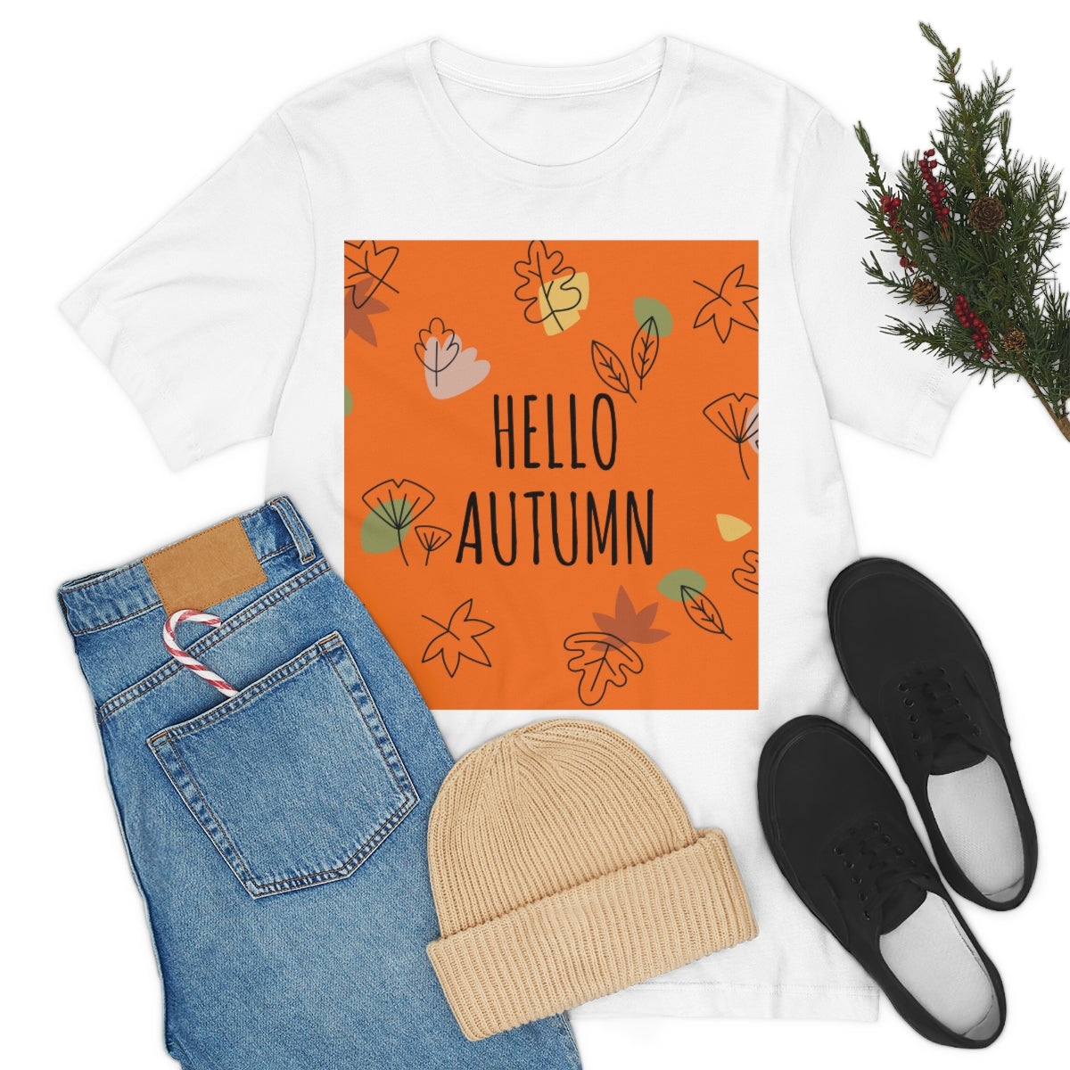 Hello Autumn Minimal Natural Graphic Unisex Jersey Short Sleeve T-Shirt Ichaku [Perfect Gifts Selection]