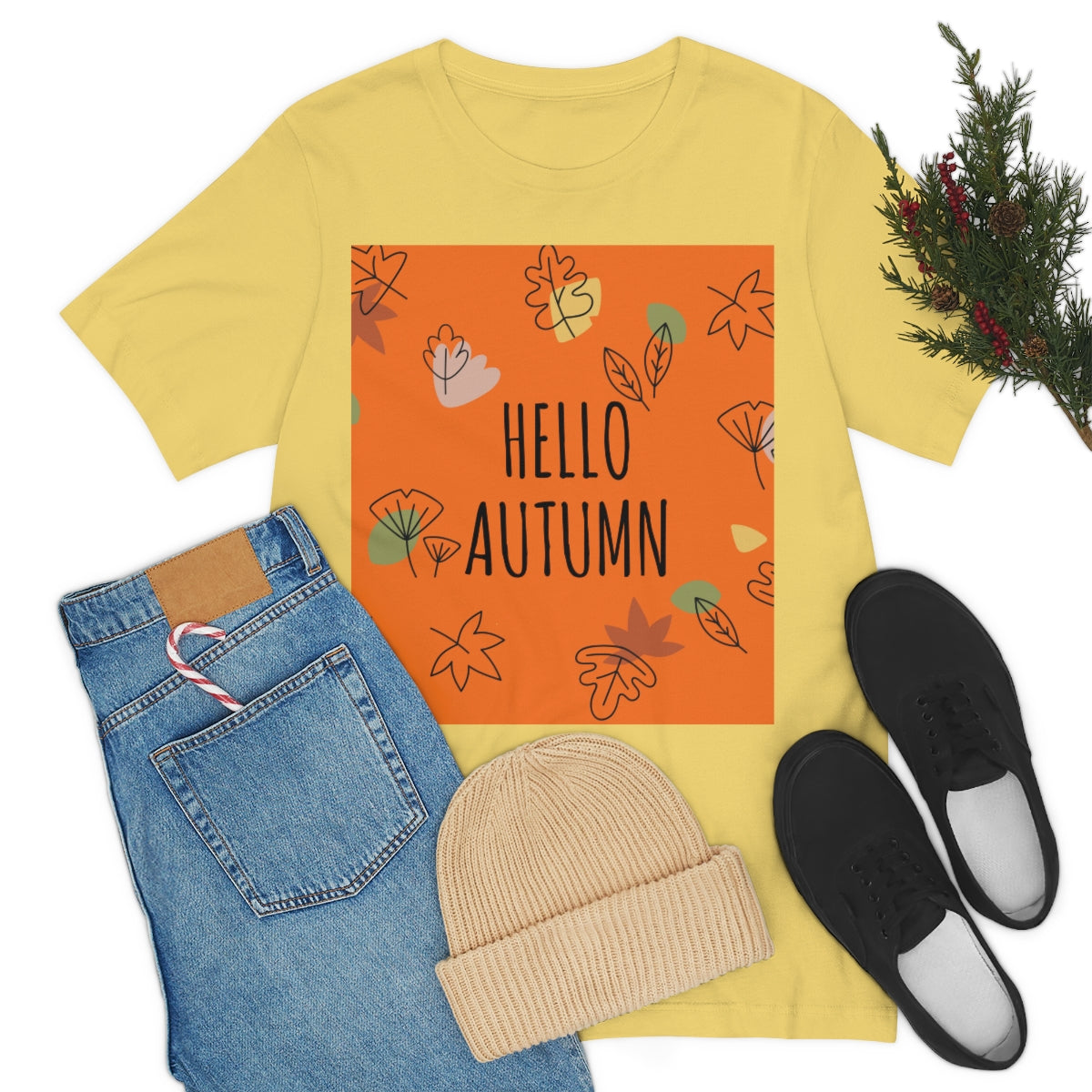 Hello Autumn Minimal Natural Graphic Unisex Jersey Short Sleeve T-Shirt Ichaku [Perfect Gifts Selection]