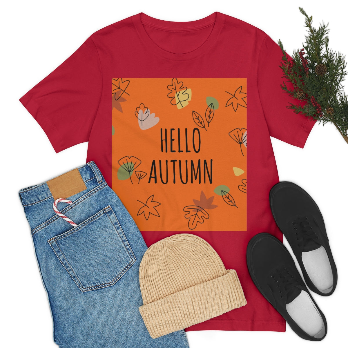 Hello Autumn Minimal Natural Graphic Unisex Jersey Short Sleeve T-Shirt Ichaku [Perfect Gifts Selection]