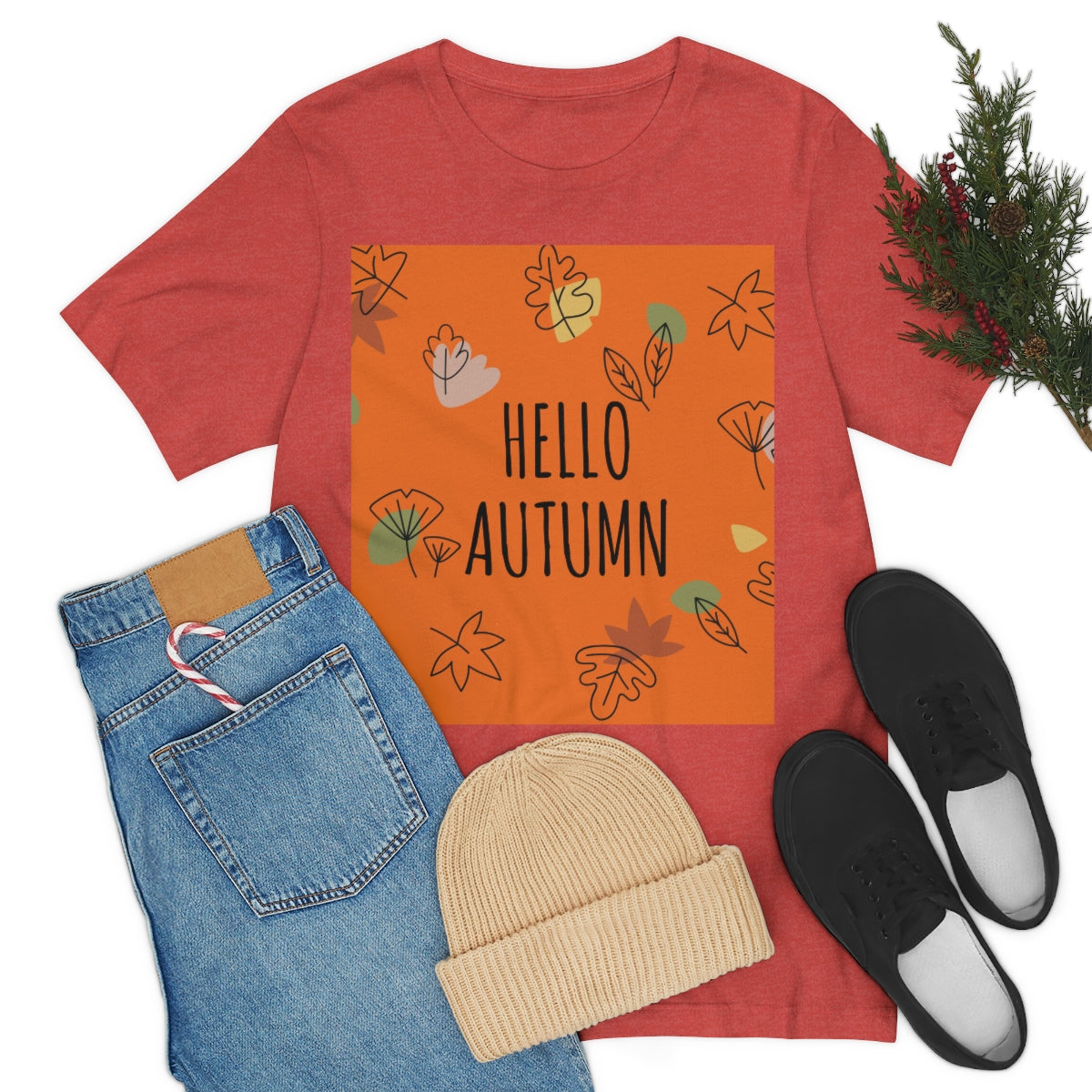 Hello Autumn Minimal Natural Graphic Unisex Jersey Short Sleeve T-Shirt Ichaku [Perfect Gifts Selection]