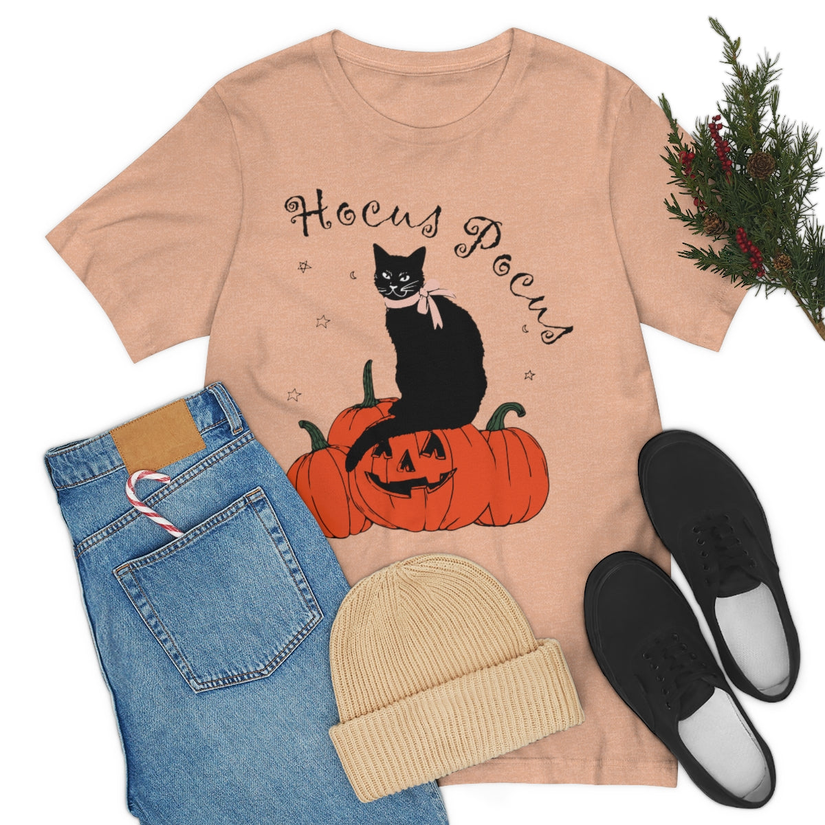 Hocus Pocus Halloween Black Cat Watching Unisex Jersey Short Sleeve T-Shirt Ichaku [Perfect Gifts Selection]