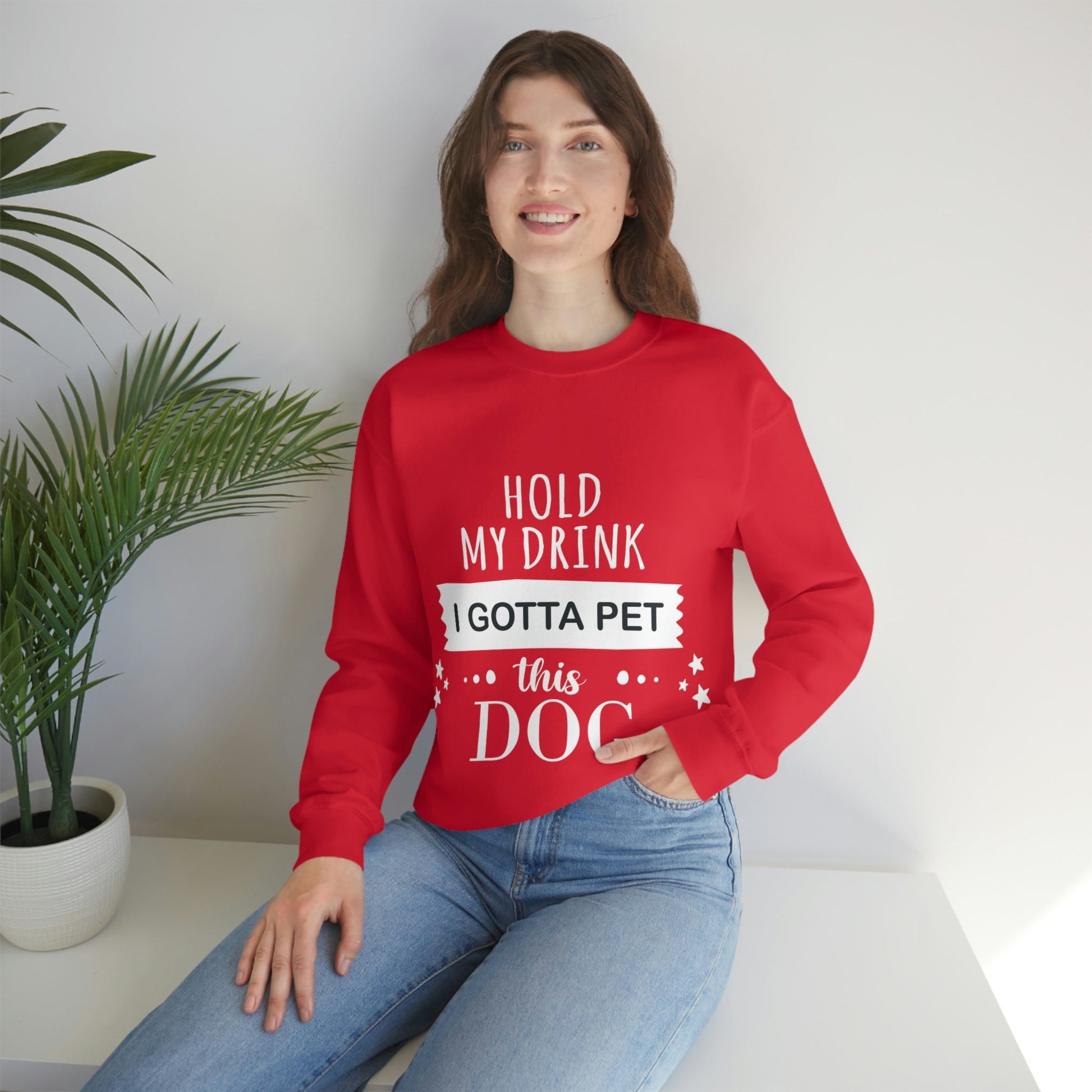 Hold My Drink I Gotta Pet Dog Unisex Heavy Blend™ Crewneck Sweatshirt Ichaku [Perfect Gifts Selection]