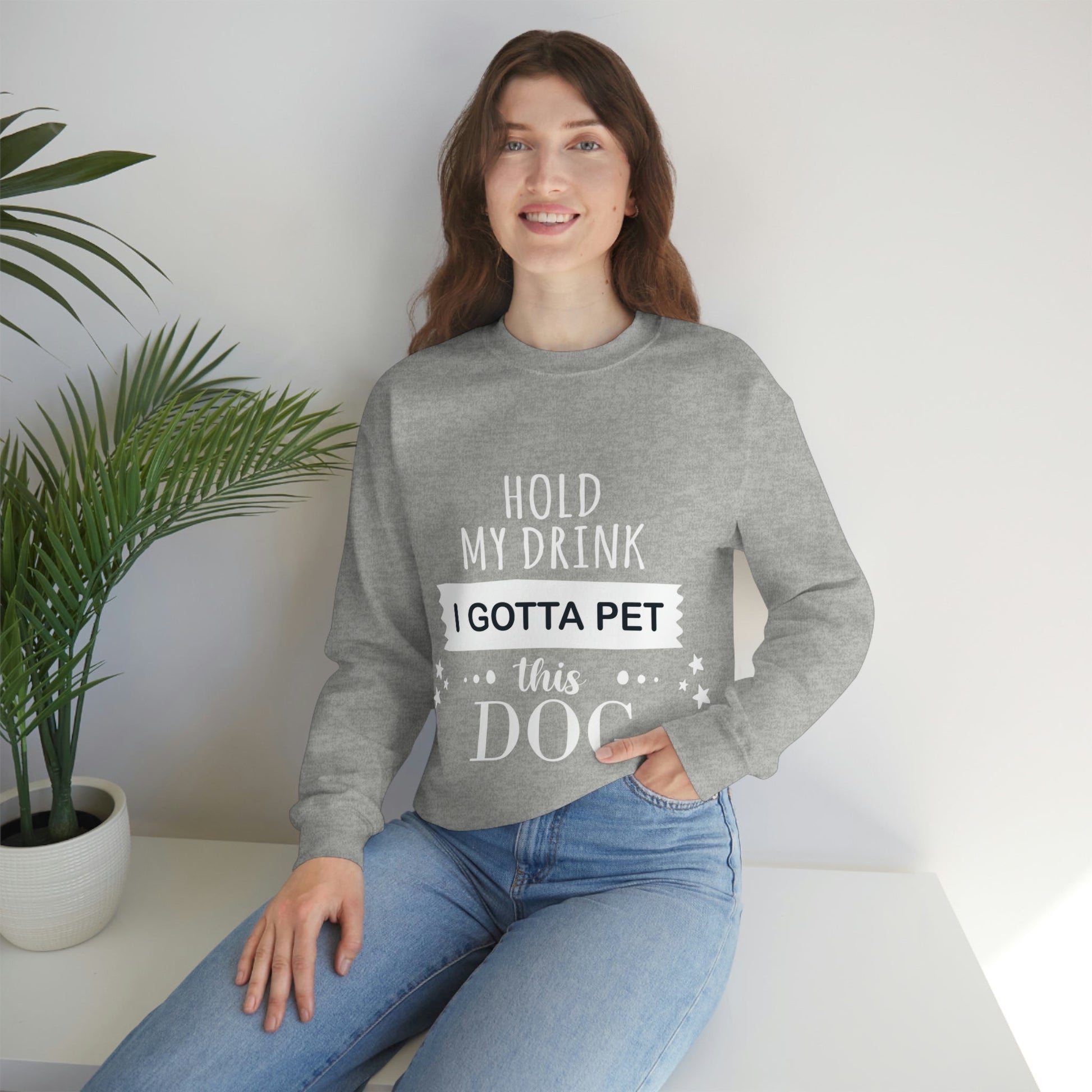 Hold My Drink I Gotta Pet Dog Unisex Heavy Blend™ Crewneck Sweatshirt Ichaku [Perfect Gifts Selection]