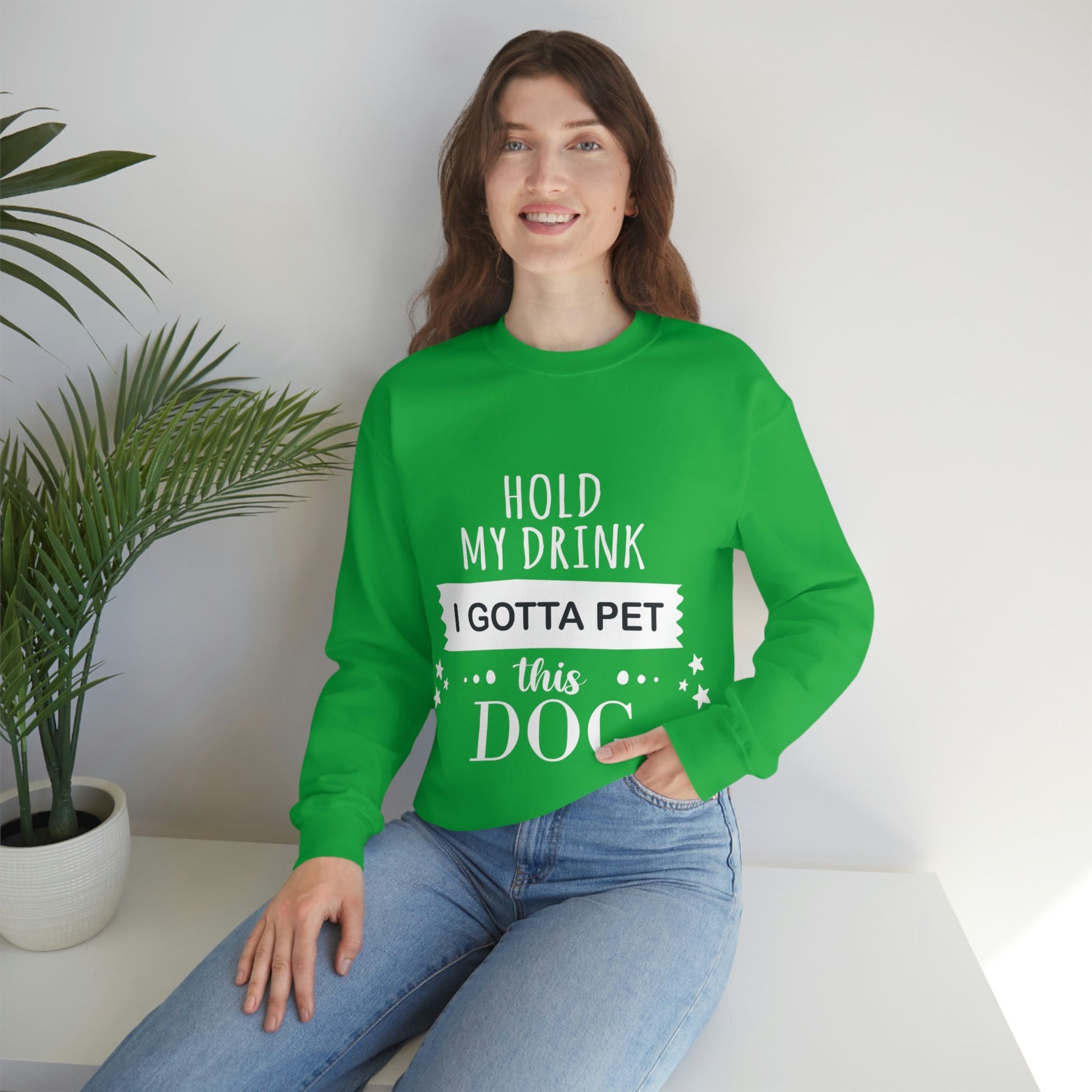 Hold My Drink I Gotta Pet Dog Unisex Heavy Blend™ Crewneck Sweatshirt Ichaku [Perfect Gifts Selection]