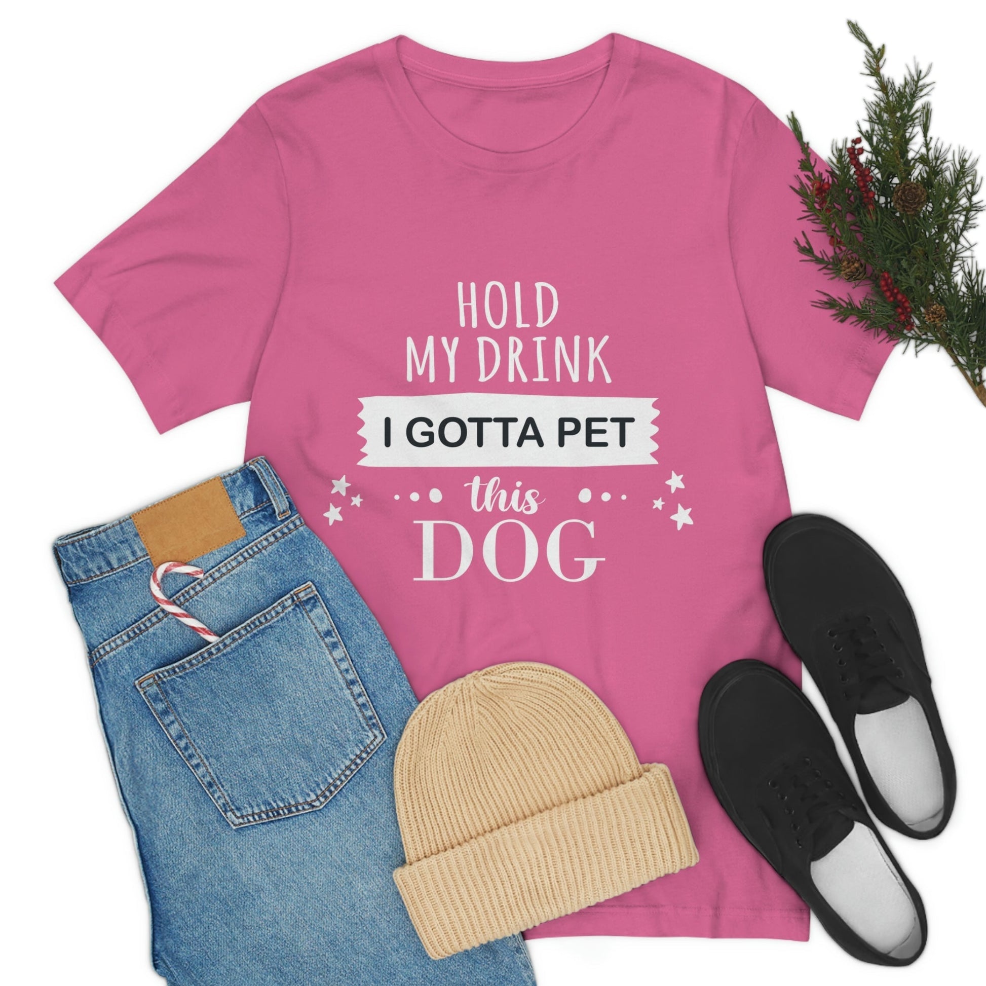 Hold My Drink I Gotta Pet Dog Unisex Jersey Short Sleeve T-Shirt Ichaku [Perfect Gifts Selection]