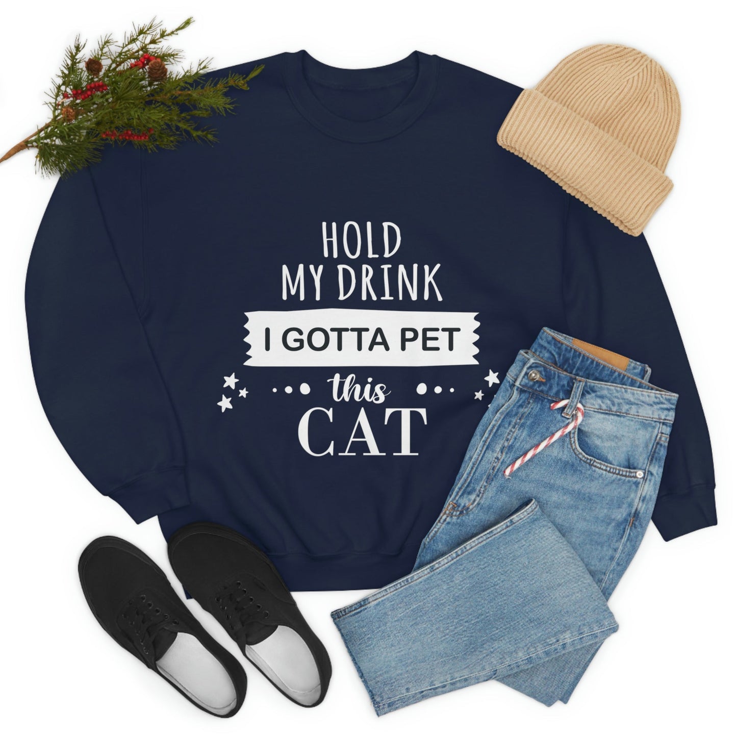 Hold My Drink I Gotta Pet This Cat Text Slogan Unisex Heavy Blend™ Crewneck Sweatshirt Ichaku [Perfect Gifts Selection]